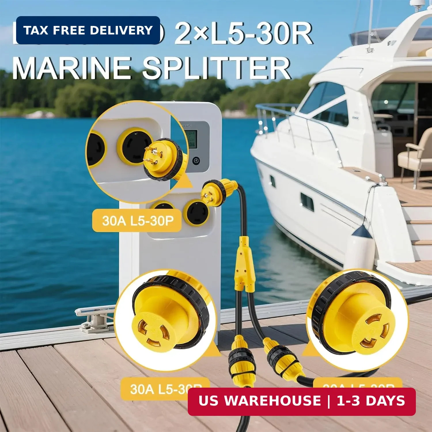 30 Amp Marine Shore Power Adapter, L5-30P Y Splitter to (2) L5-30R | L5-30P Male