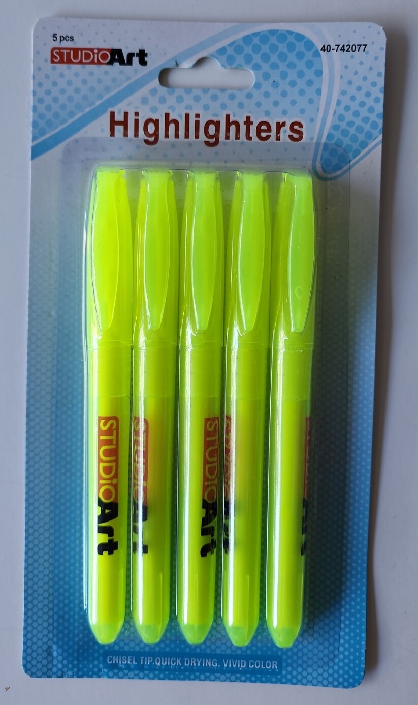 STUDIO ART Classic Chisel Point Highlighter Pens Pack of 5 Yellow – BRAND NEW