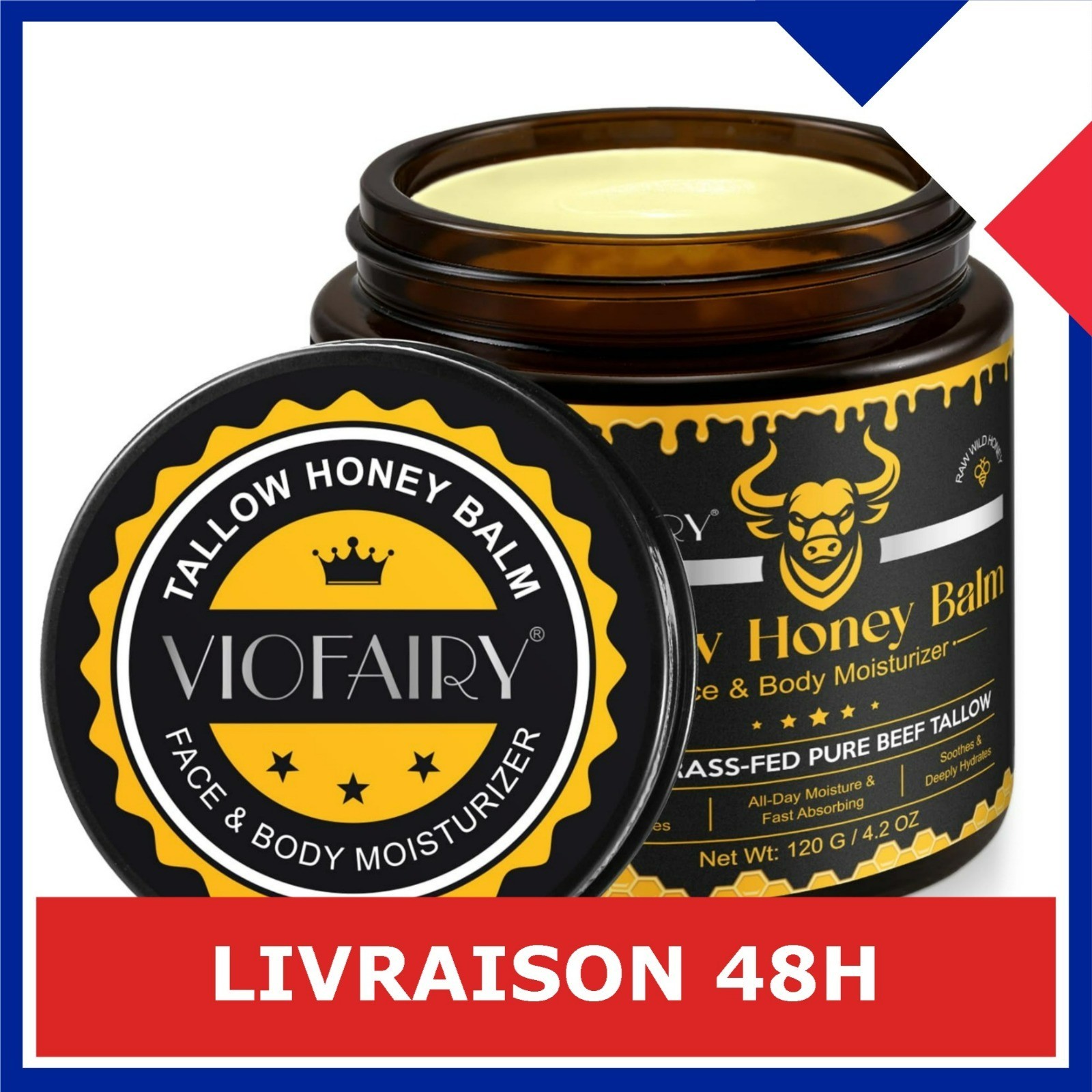 VIOFAIRY Tallow Honey Balm Face Moisturizer 4 oz Organic Beef Tallow