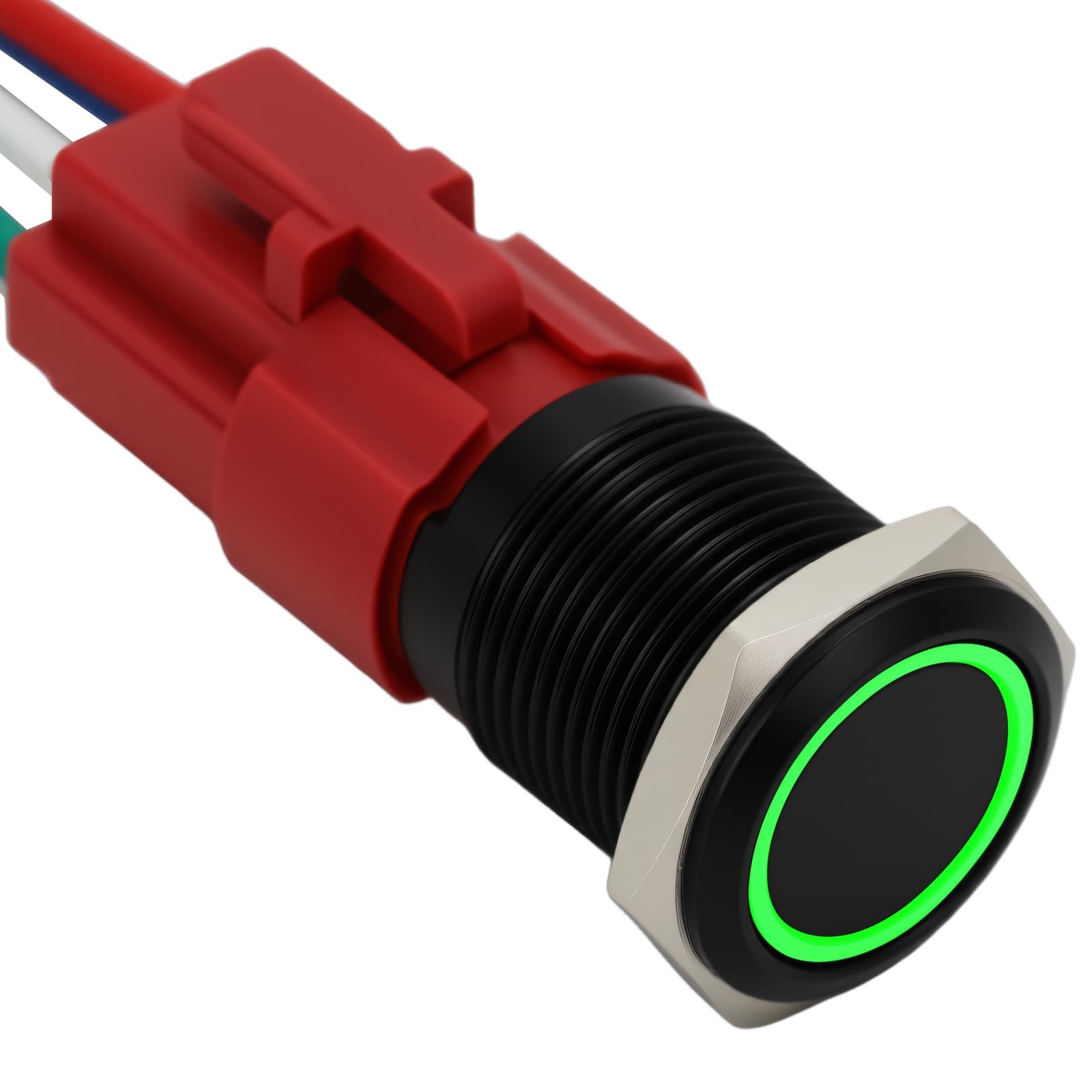 16mm Momentary Push Button Switch 12V DC Green LED 0.63in Black Shell