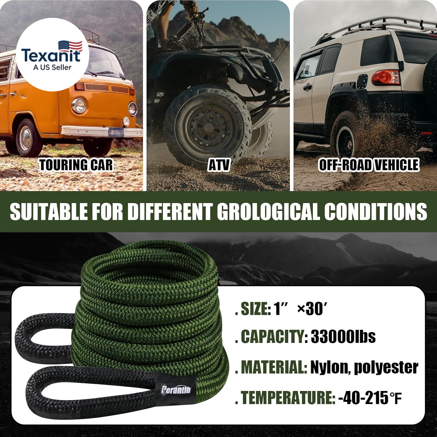Kinetic Recovery Rope – 1″ X 20Ft (33000Lbs), Tow Rope with Soft Shackle and Glo