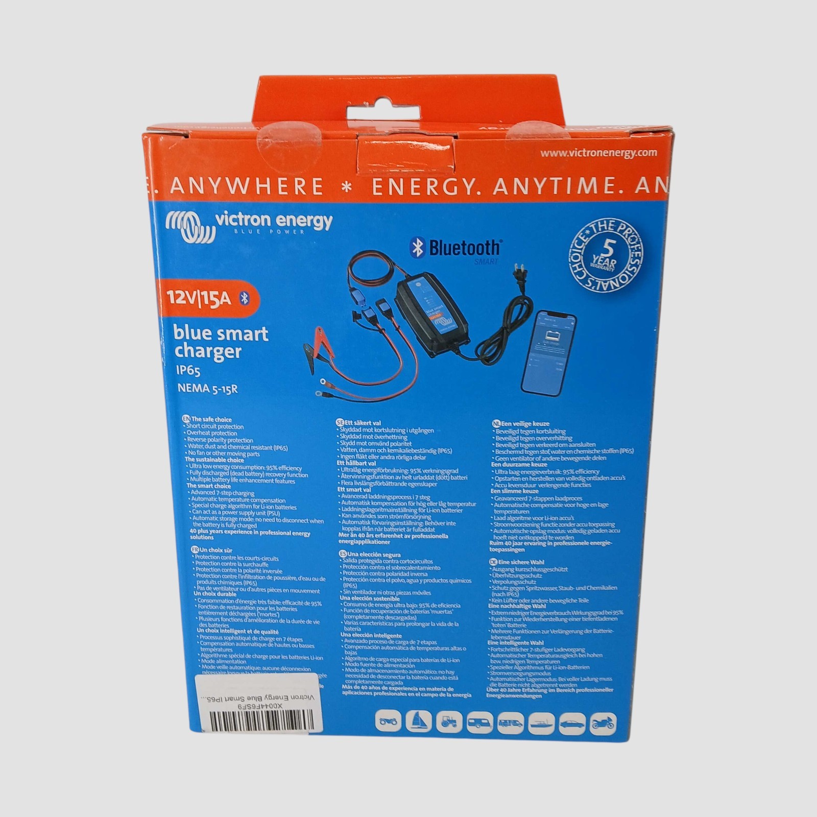 Victron Energy Blue Smart IP65 12V/15A 120V NEMA 5-15R Battery Charger