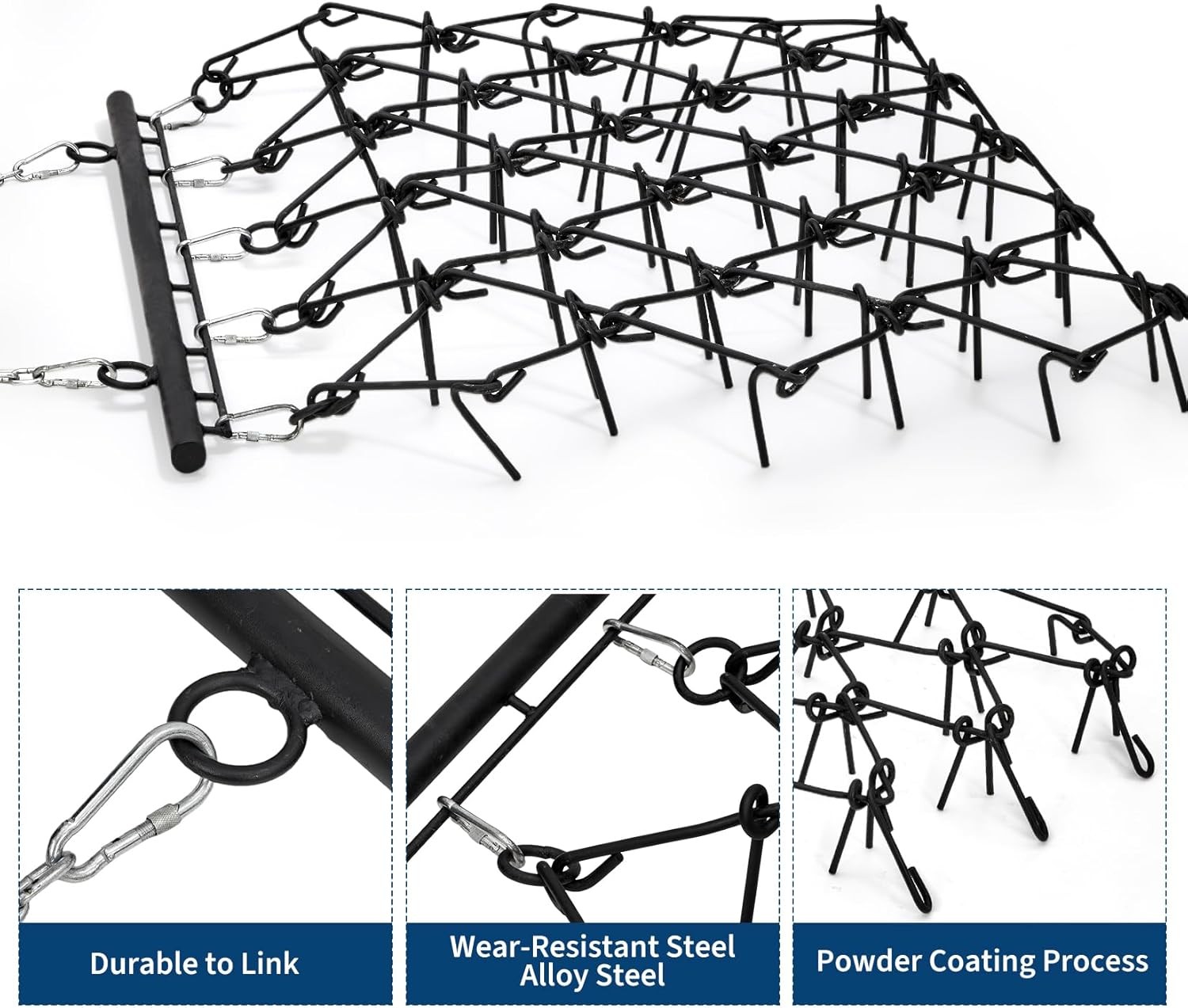 Tow Behind Drag Harrow w/Chain, 1/2″ Teeth for Soil Prep,Garden & Field Leveling