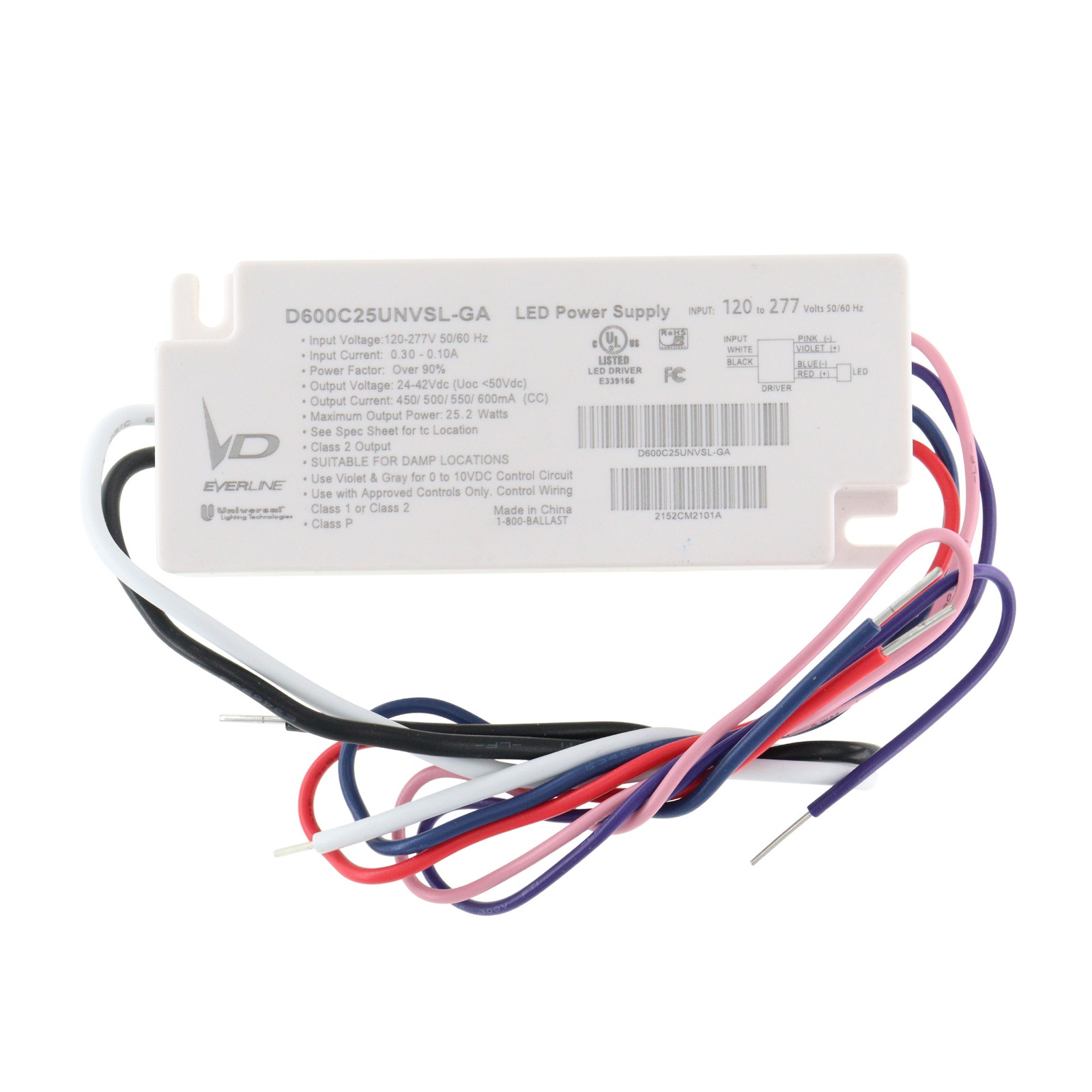 UNIVERSAL D600C25UNVSL-GA SELECTABLE MA LED DRIVER, 30-52V 450/500/550/600MA 25W