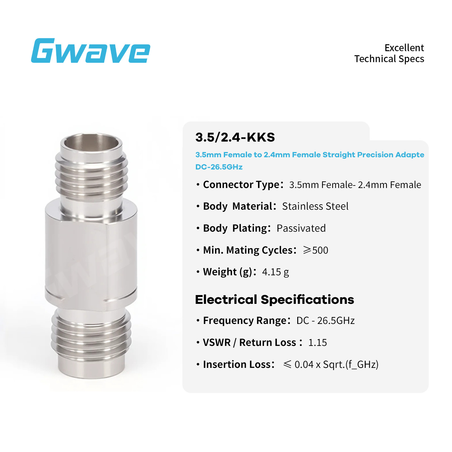 3.5mm Female to 2.4mm Female Adapter, DC – 26.5GHz