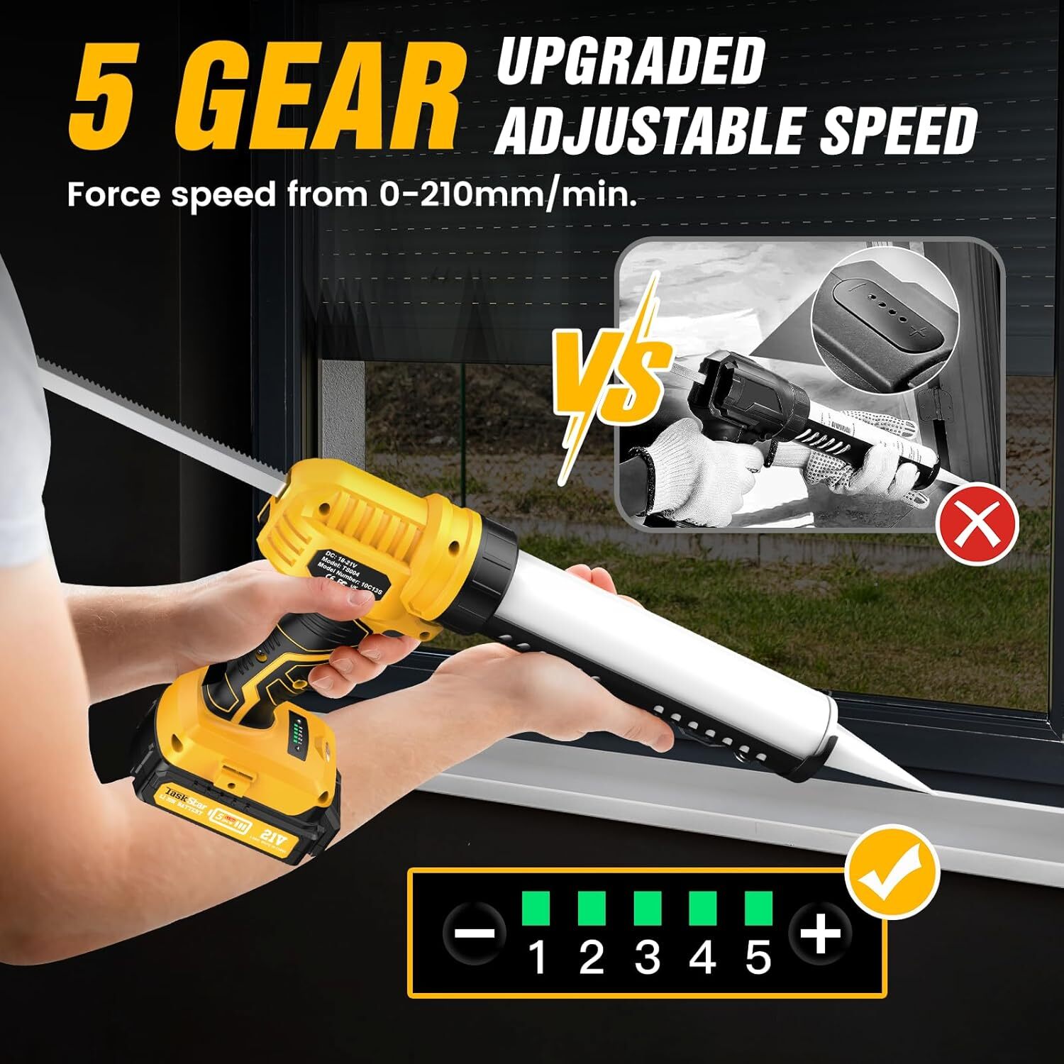 Taskstar Electric Caulking Gun Glass Glue Gun 5 Speeds Cordless Caulking Sealant