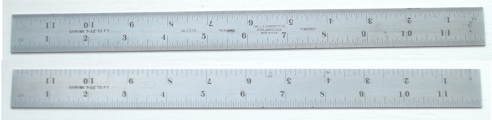 L.S. Starrett No. C376 4 GRAD Satin Chrome 12″ Shrink Rule 7/32″ To Foot
