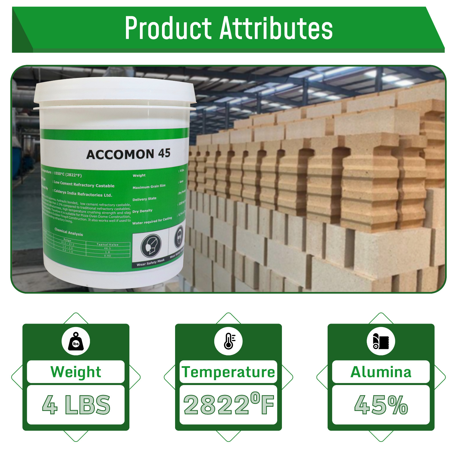 Castable Refractory Cement, 45% Alumina Low Cement Castable, Accomon-45 , 4 LBS