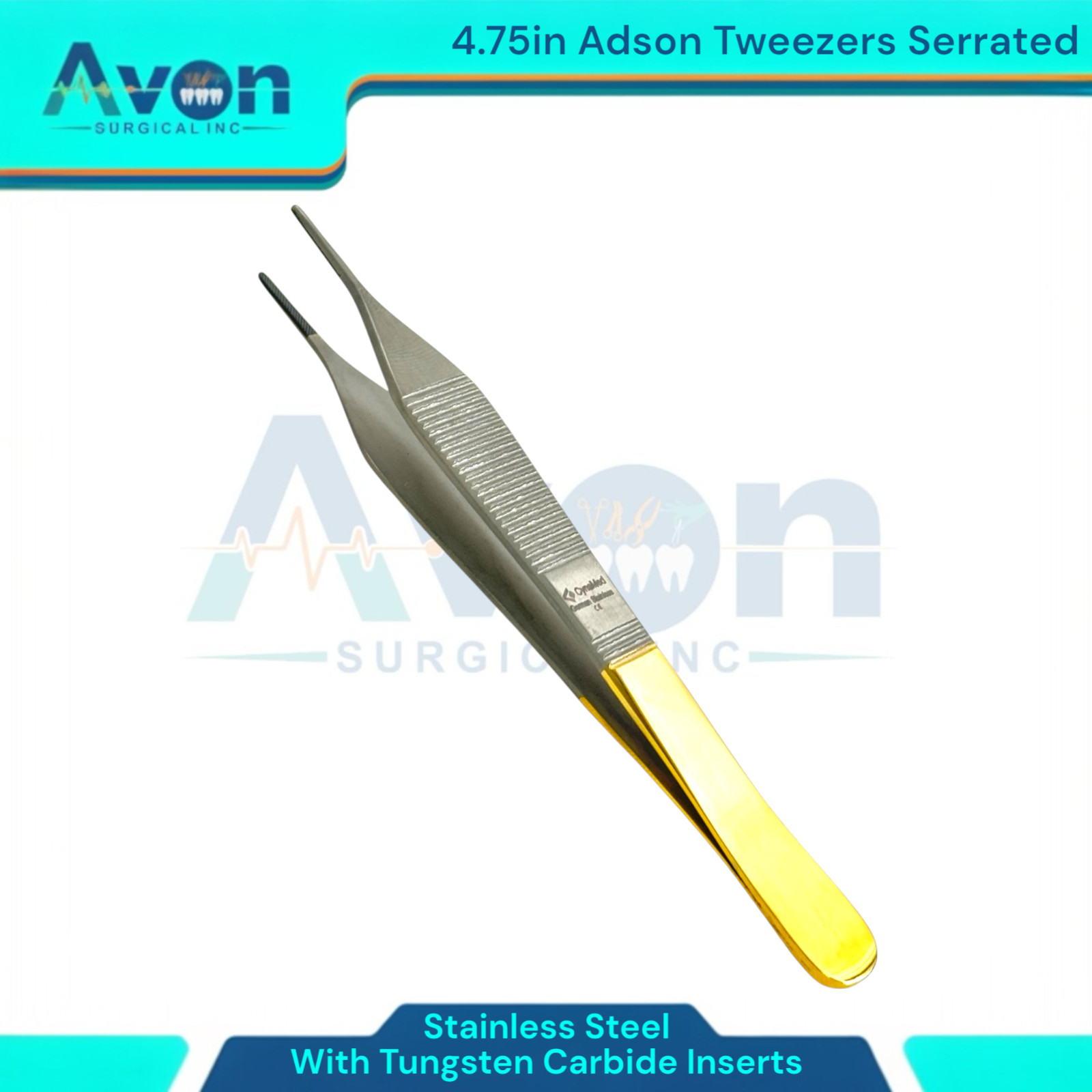 Premium Adson Thumb Serrated Tweezer Forceps, 4.75″, TC Insert Jaw – Gold Handle