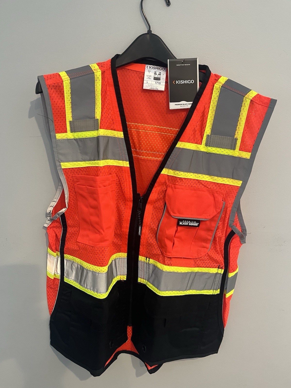 Kishigo Premium Black Series Men’s Surveyors Vest S5003, Class 2 Hi-Vis, Large