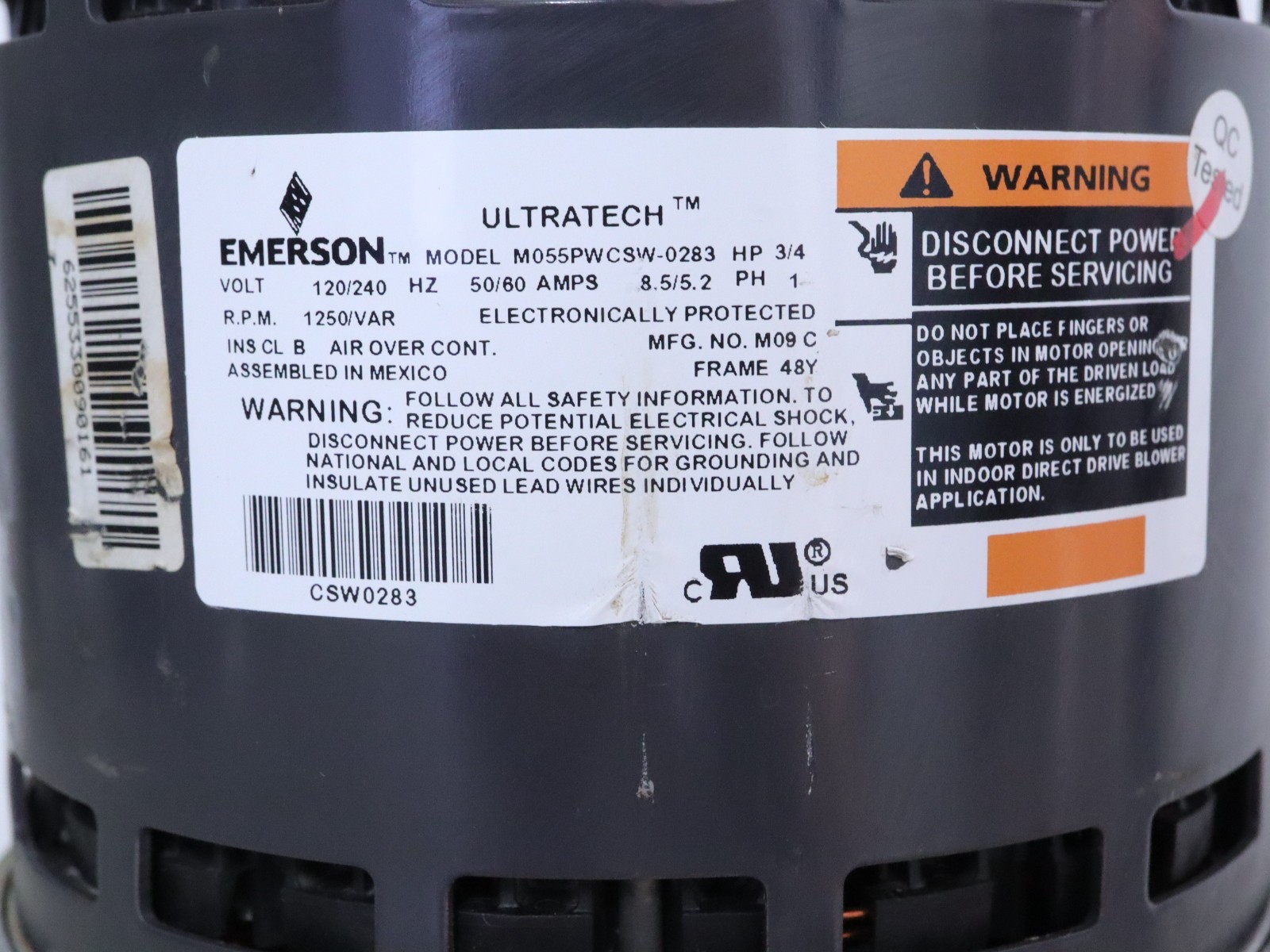 EMERSON ECM M055PWCSW-0283 V175 ULTRATECH Blower Motor 3/4HP 120-240V 1250RPM