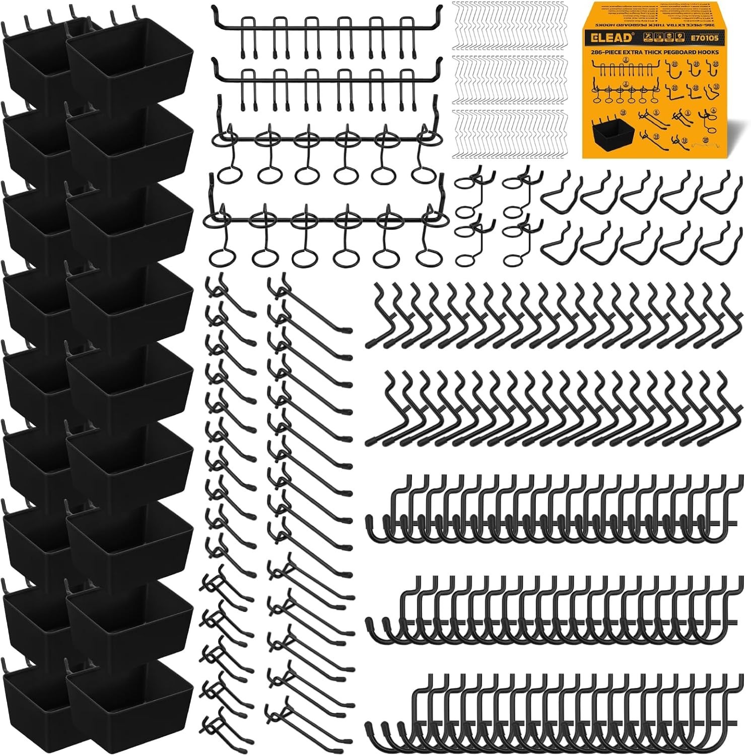 286-Piece Extra Thick Pegboard Hooks Set, 1/4″ Heavy Duty Black Peg Board Org…