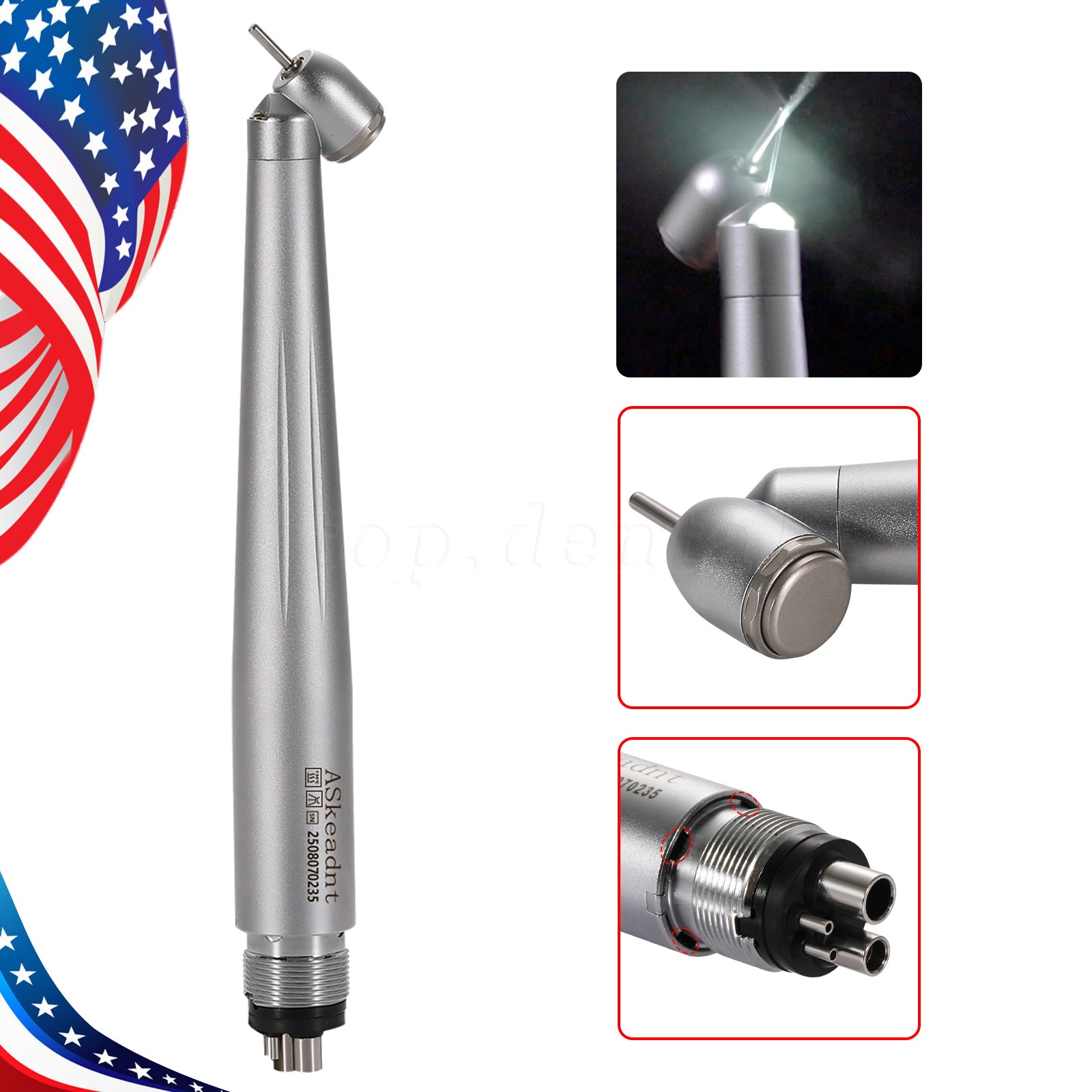 LED Dental Surgical Handpiece 45 Degree High Speed Turbine 4 Hole Rare Exhaust