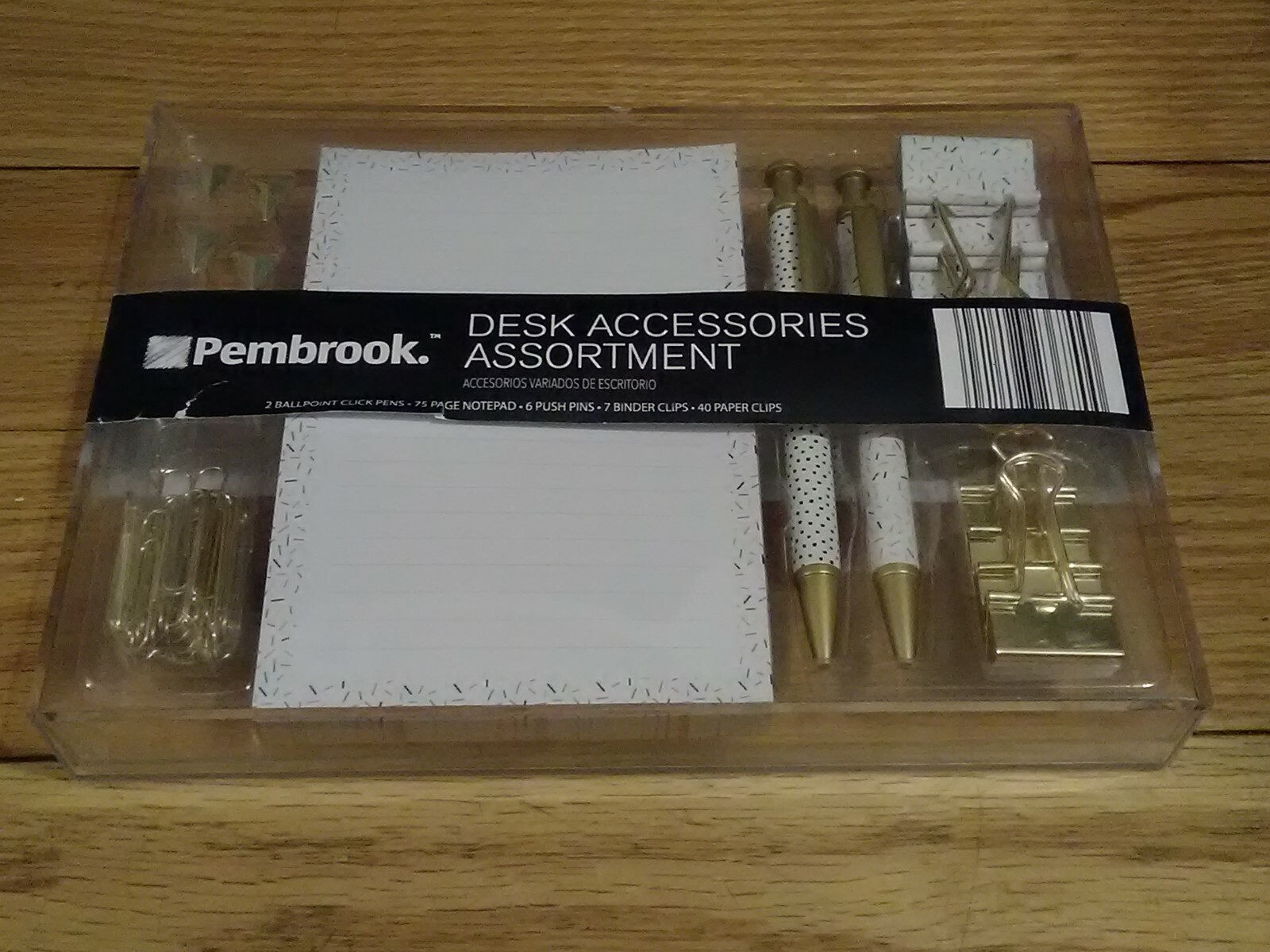 Pembrook Desk Accessories Assortment Ballpoint Pens, Notepad, Pins, Binder Clip