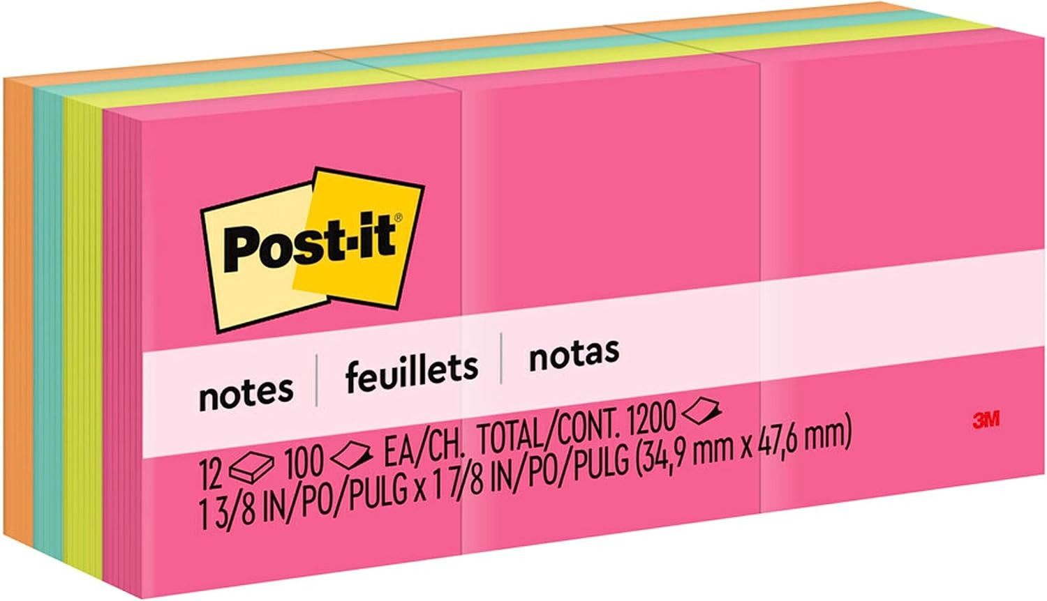 Post-It Mini Notes, 1 3/8 In. X 1 7/8 In., 12 Sticky Notes Pads, 100 Sheets per