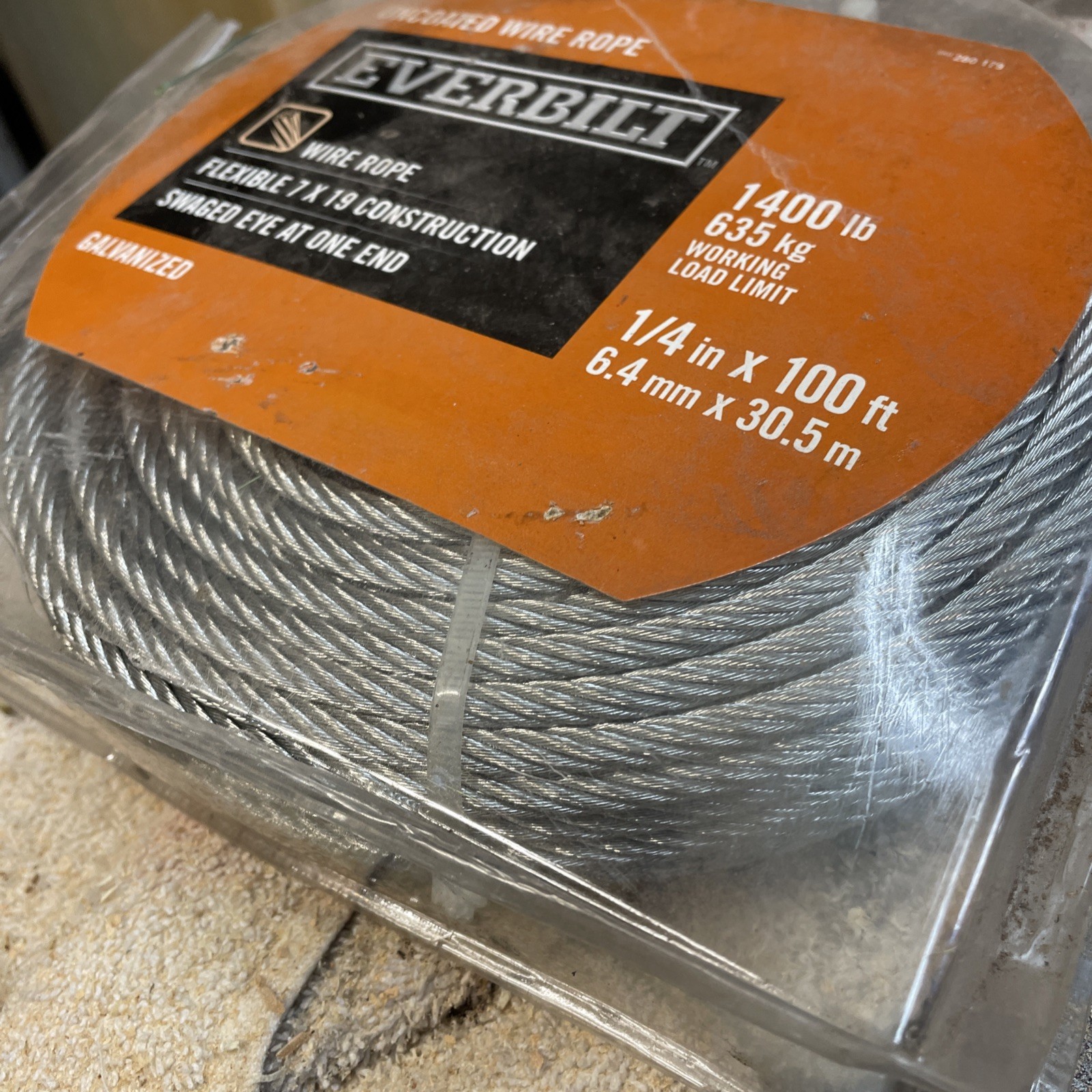 Everbilt 1/4 in. x 100 ft Galvanized Steel Uncoated Wire Rope 7×19 6.4mm x 30.5m