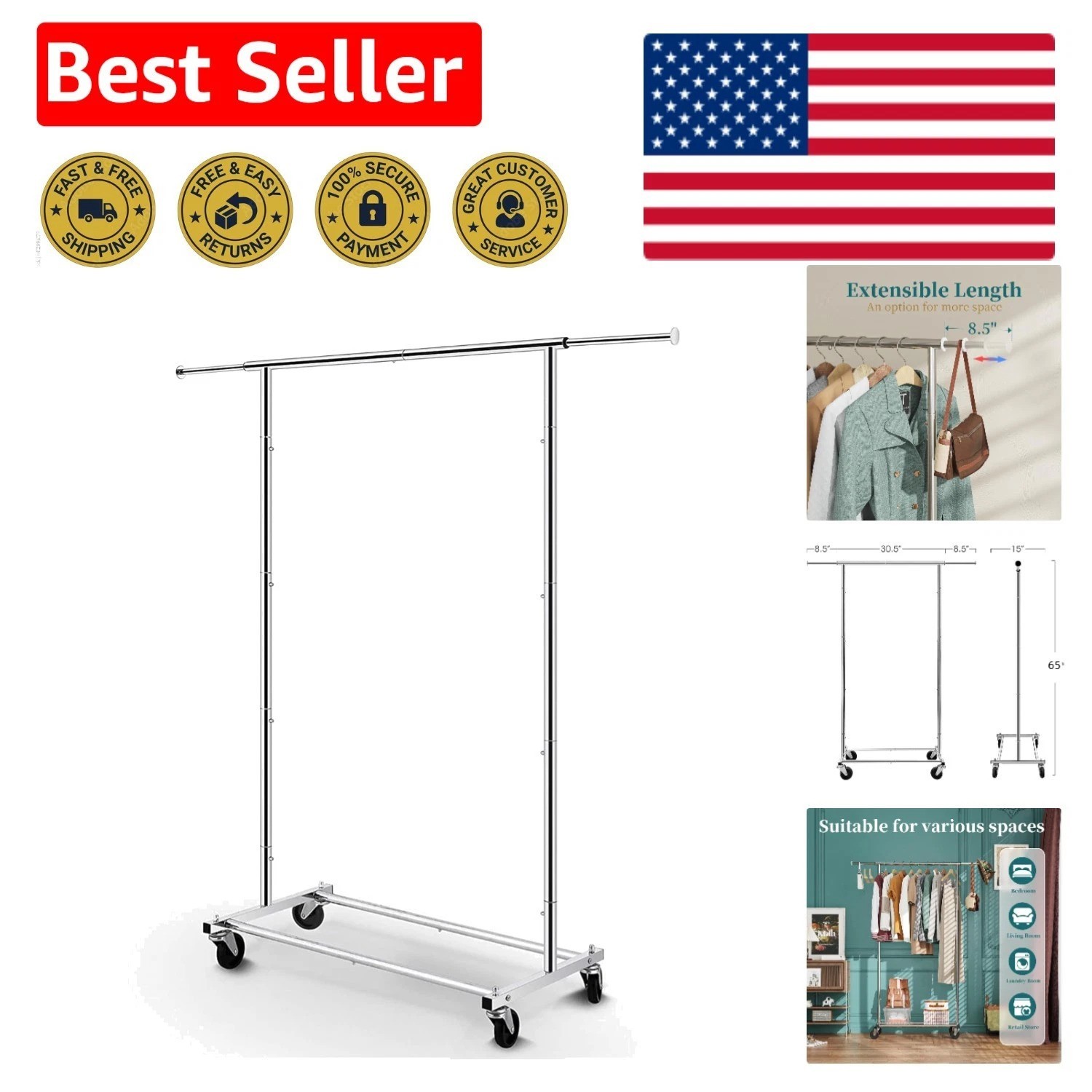 Versatile 65” Chrome Garment Rack – Durable Rolling Organizer for Any Room