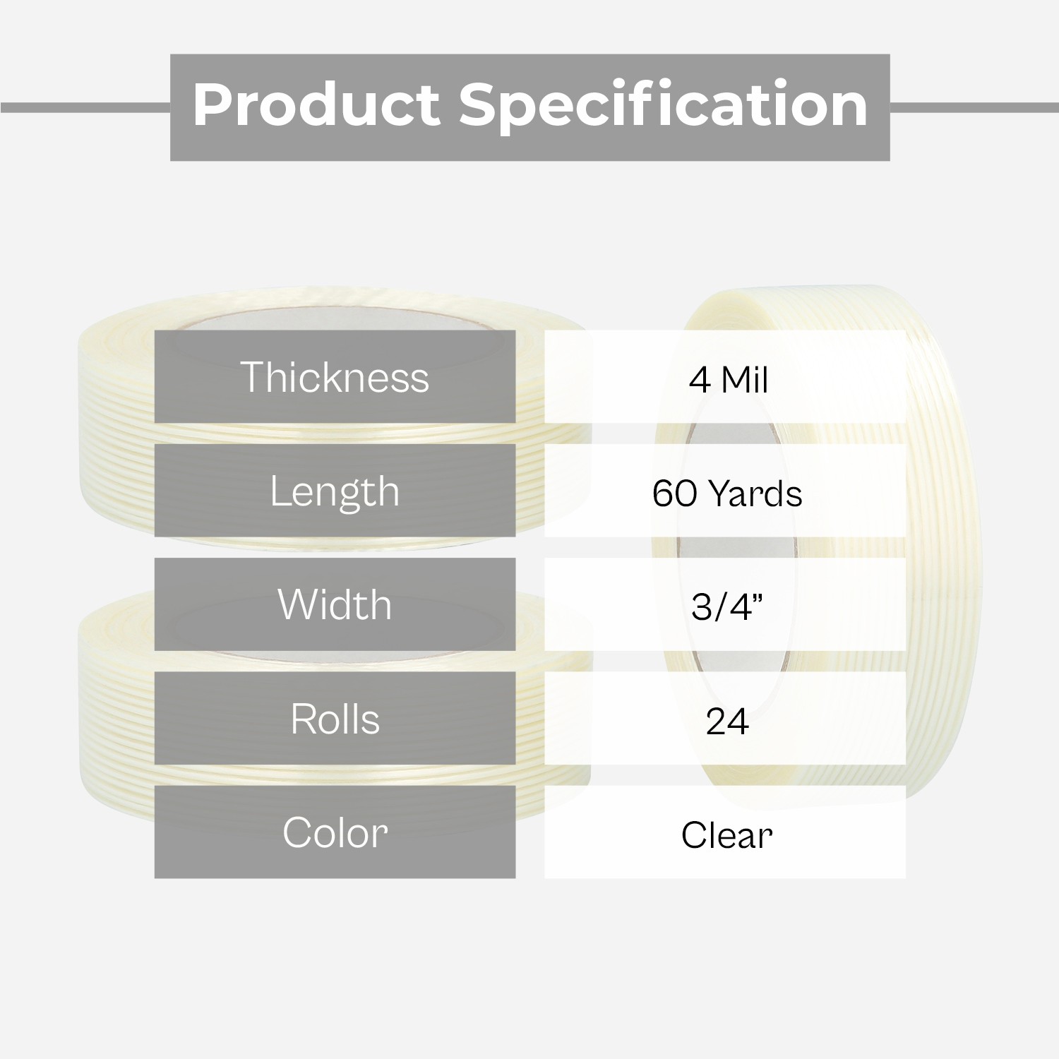 24 Rolls – 4 Mil 3/4″ x 60 Yards Economy Fiberglass Strapping Filament Tape