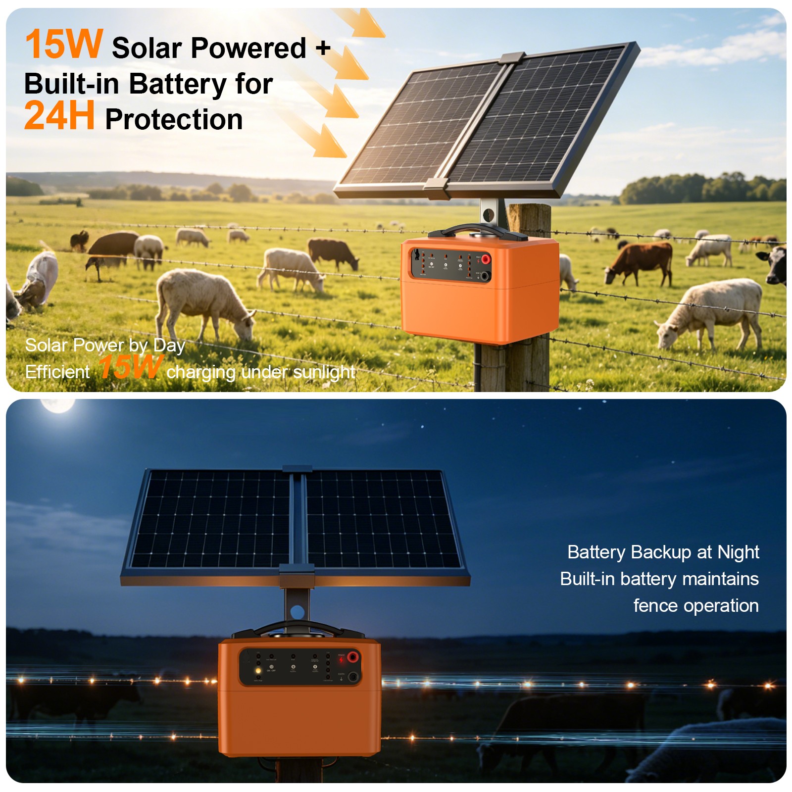 15W Solar Powered Fence Charger 30 Miles 0.3J-1.5J Electric Fence Energizer US