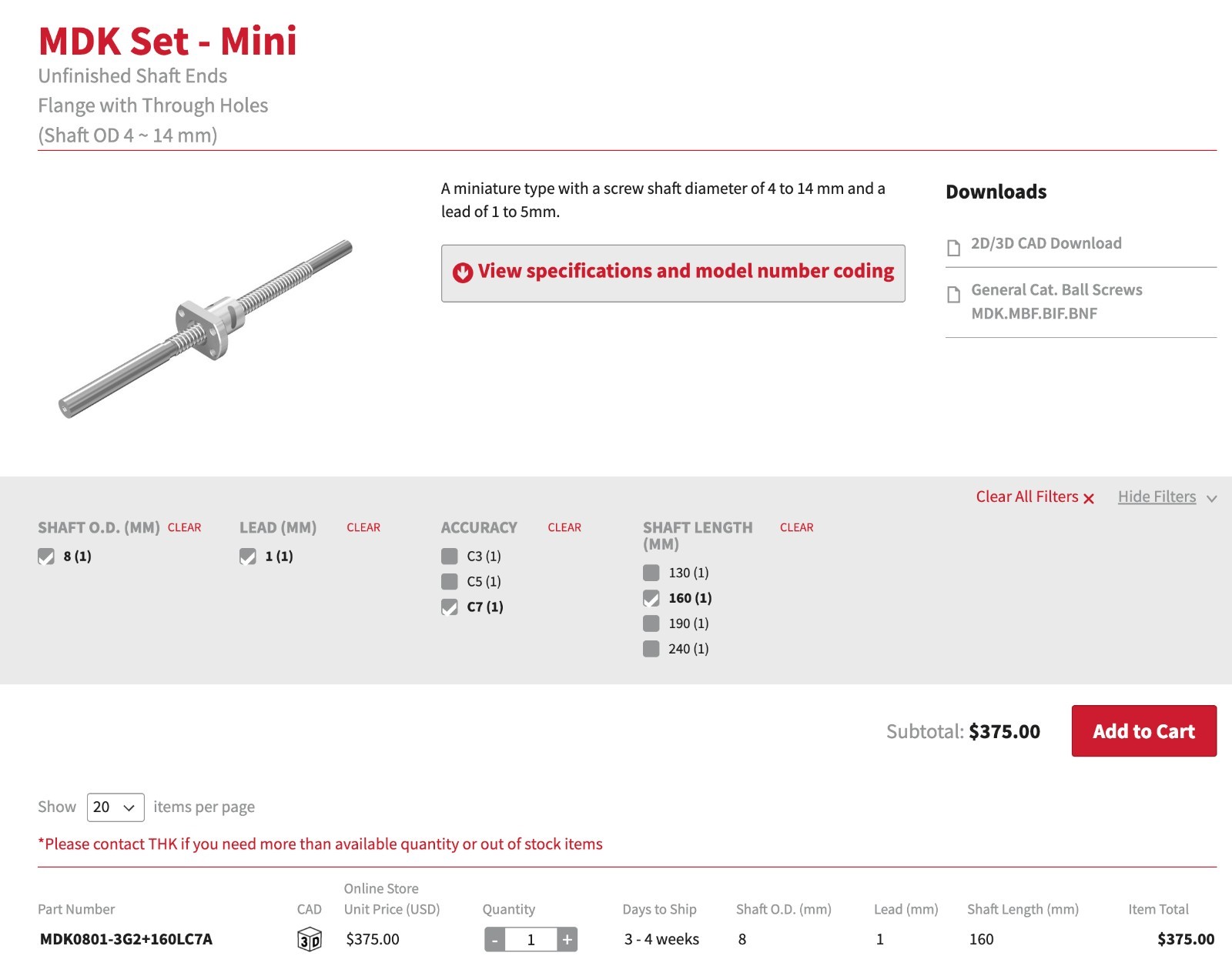 New THK MDK0801-3G2+165LC7 x165mm Ballscrew 8mm dia. x 1mm Pitch + Machined Ends
