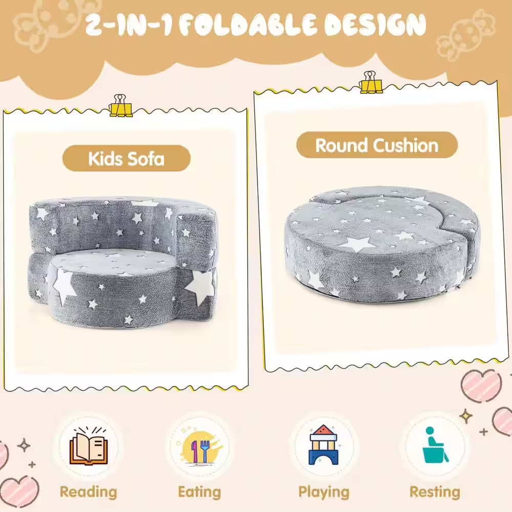 Gray Flannel Fabric Kids Plush Couch with Machine Washable Cover Soft Sponge Pad