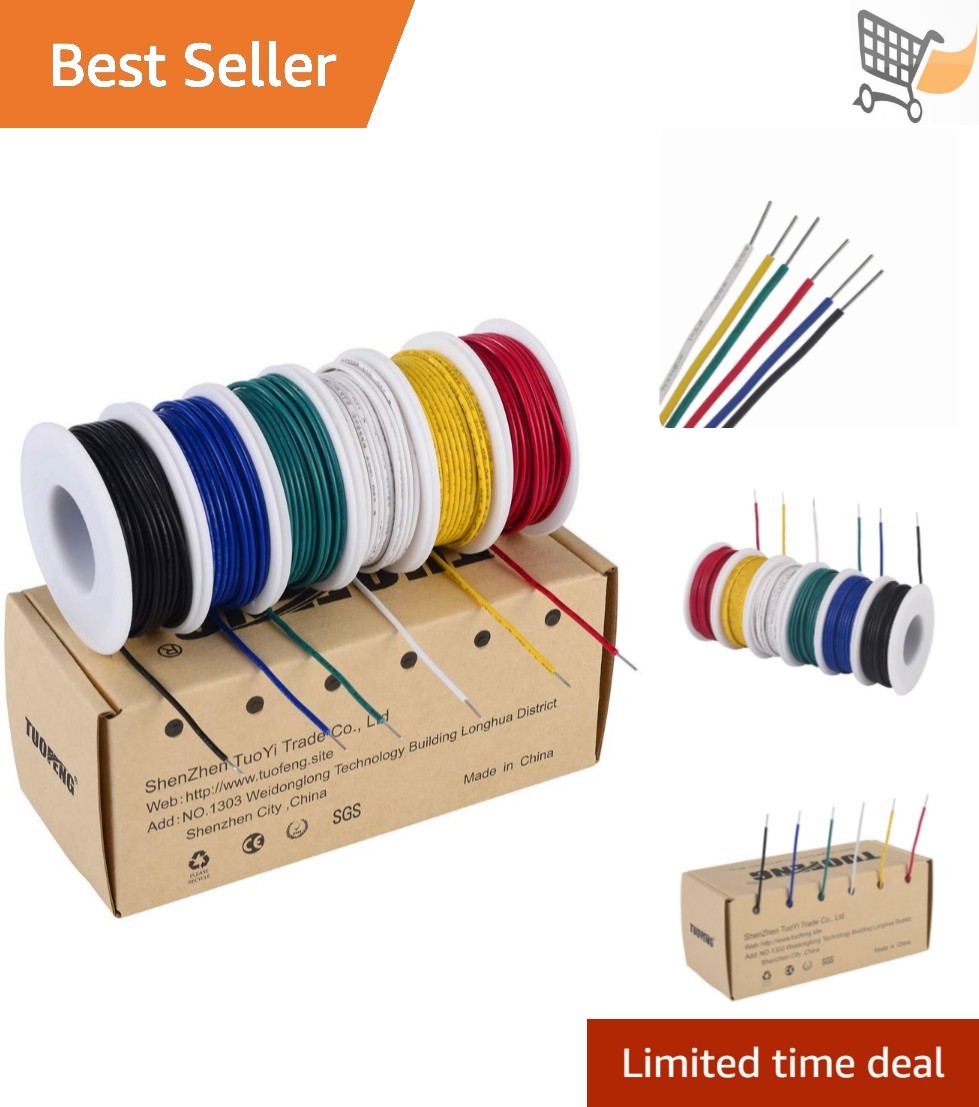 Solid Copper Hookup Wire 22 AWG 6 Colors 30ft Indoor Outdoor for Electronics