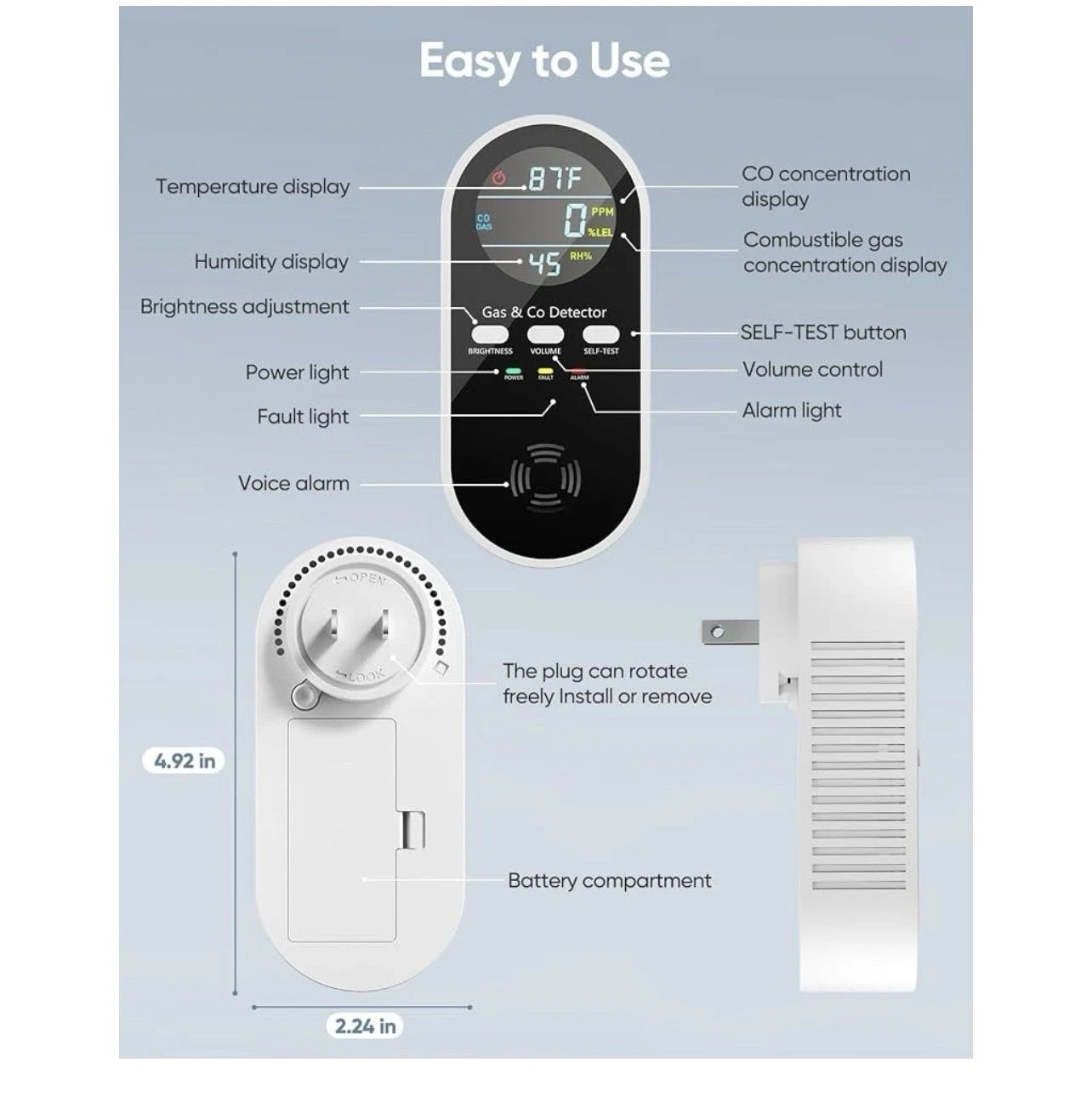 5-in-1 Carbon Monoxide Detectors Natural Gas Leak Detector KH168 New 1 pack