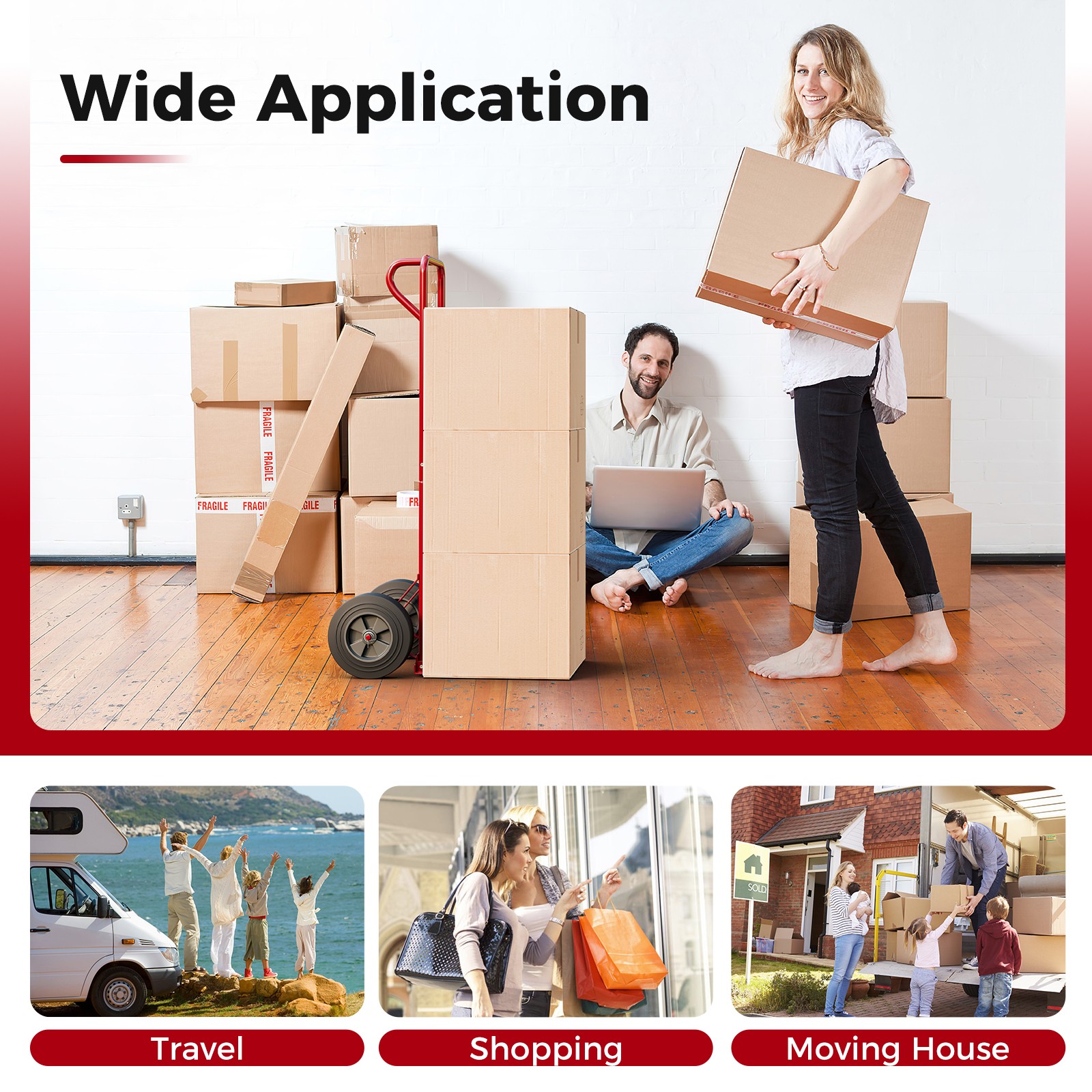 Heavy-Duty Hand Truck with P-Shaped Handle for Home Warehouse Garage Red
