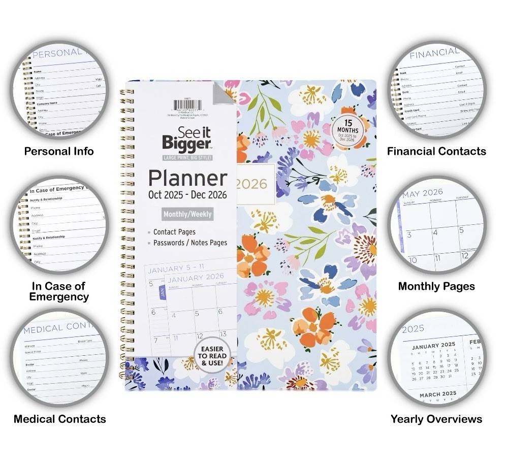 SEE IT BIGGER 15-Month Planner Large Print Monthly/Weekly Oct 2025 – Dec 2026