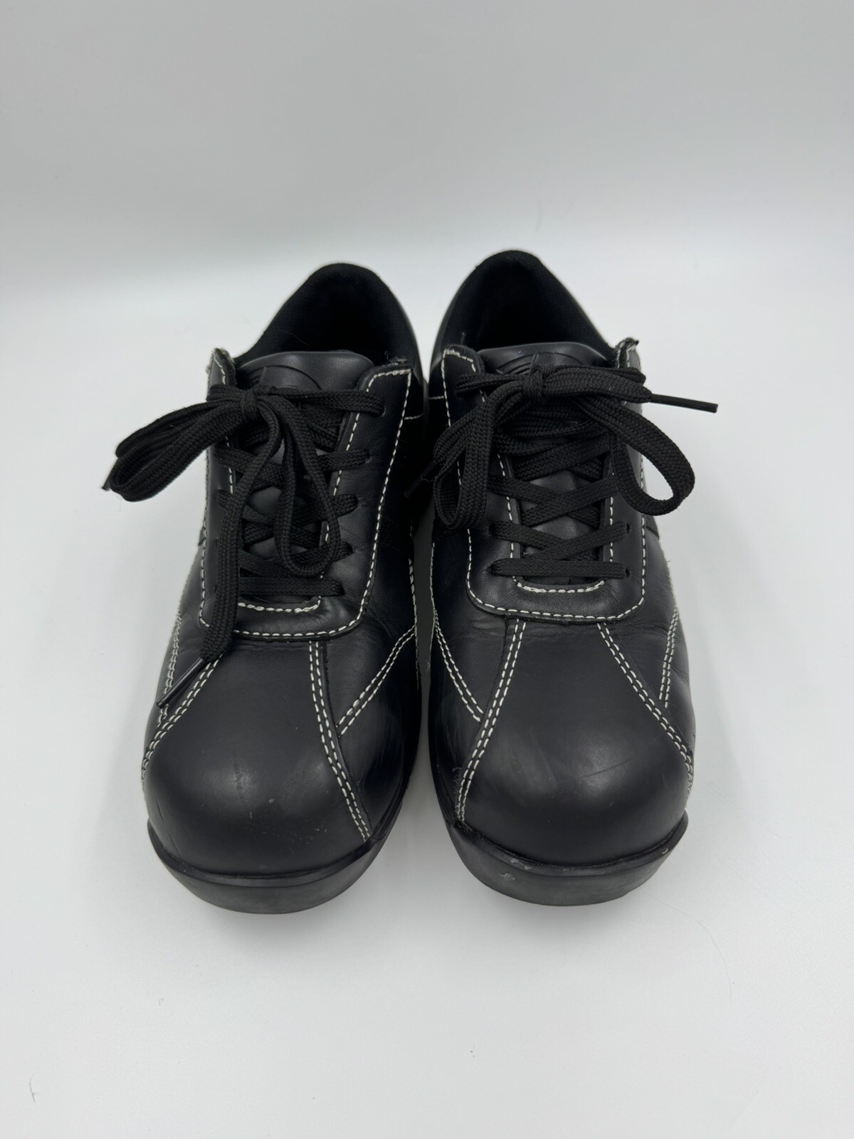 Avenger Safety Footwear Black White Stitch Leather Steel Toe Shoes Womens 7.5