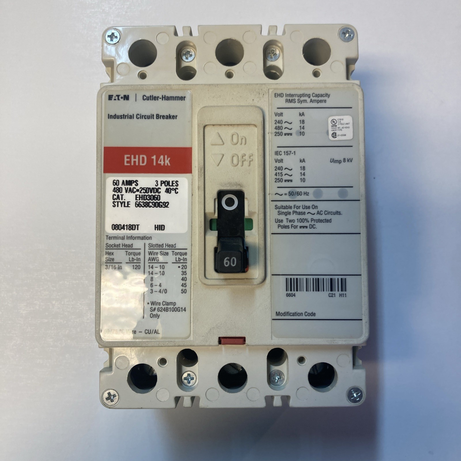 Eaton EHD3060 Industrial Circuit Breaker 60A 3-Pole 480VAC