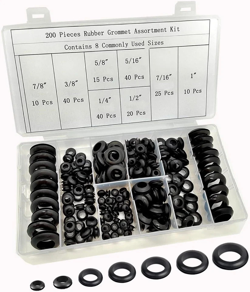 200PCS Rubber Grommets Assortment Kit 8 Sizes Rubber Grommets for Car Wiring