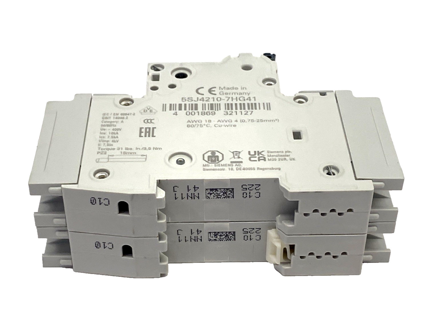 Siemens 5SJ4210-7HG41 Miniature Circuit Breaker 240V 14kA, 2P, C Type, 10A