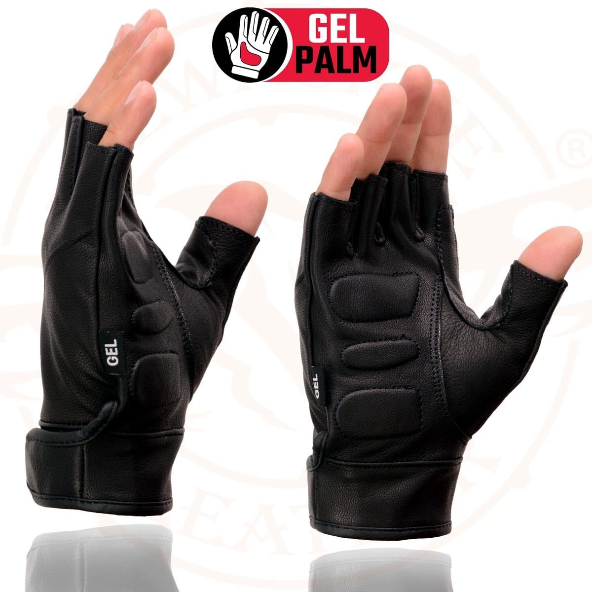 MG7585 Men’s Black Leather Gel Padded Palm Fingerless Motorcycle Hand Gloves w/F
