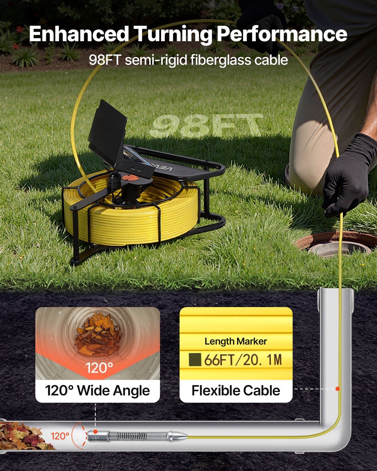 VEVOR Sewer Camera 98 ft Self-Leveling Drain Inspection Camera 4.3″ HD Screen