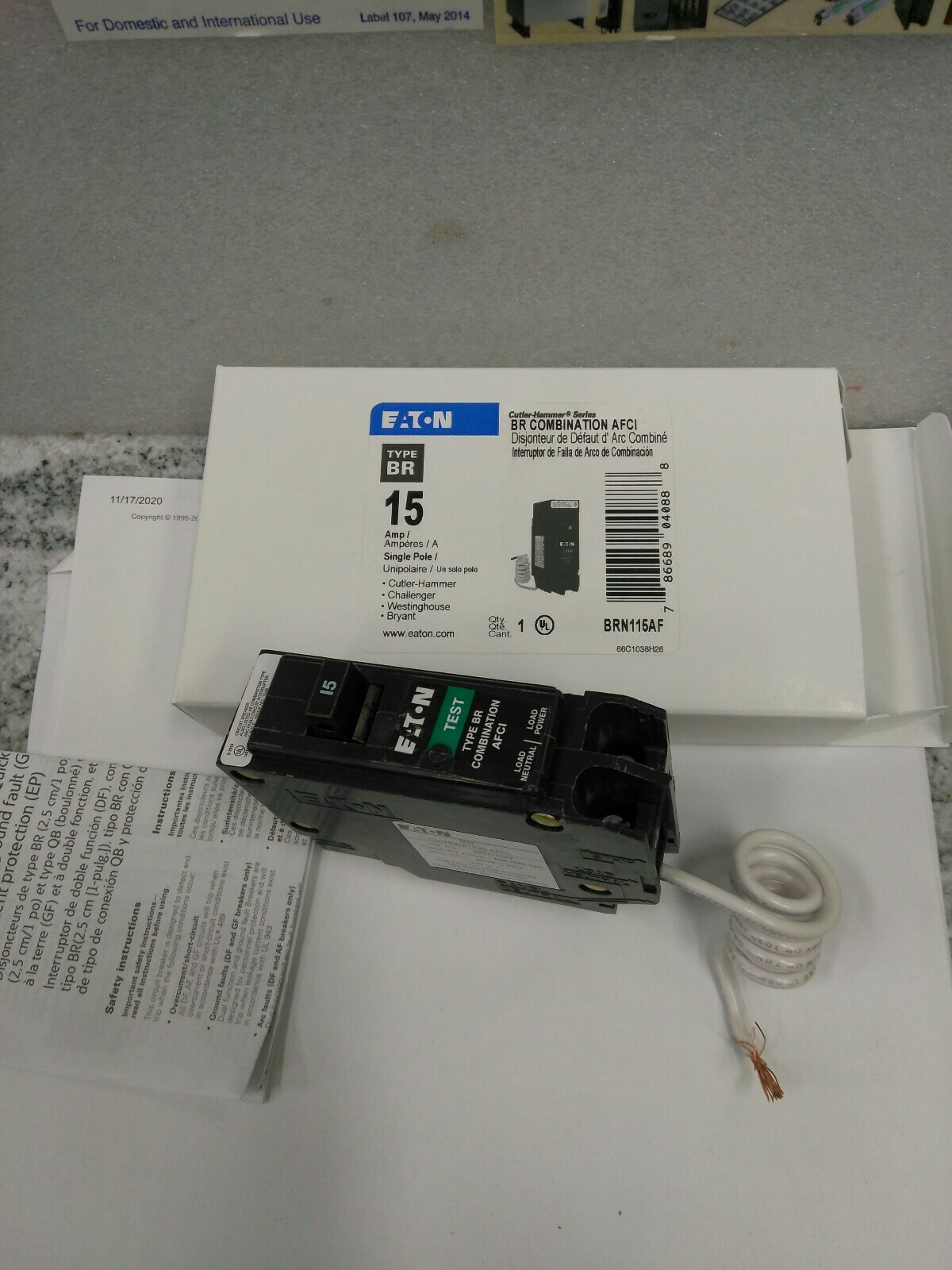 Eaton Cutler-Hammer BRN115AF 15A 120VA , 1P, BR COMBINATION AFCI Breaker(26E2