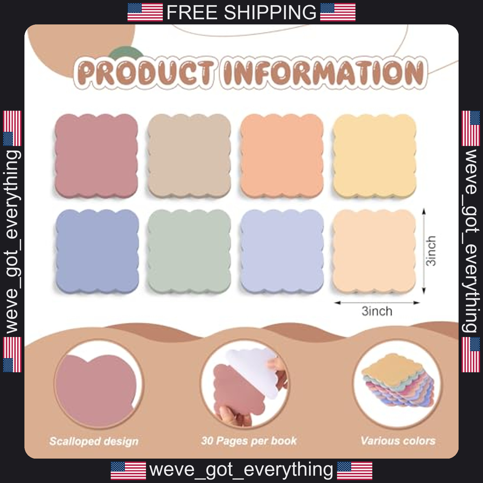 8 Pack Pastel Scalloped Sticky Notes for Reminders and Notes