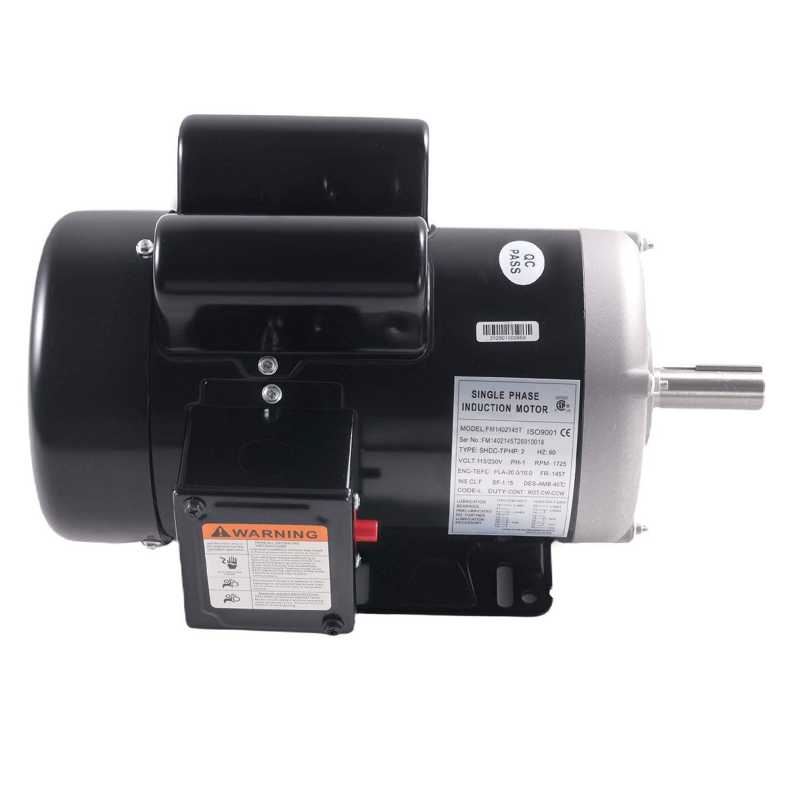2HP Electric Motor 1725RPM 143/5T Frame 1-Phase 5/8″ Keyed Shaft AC115V/230V
