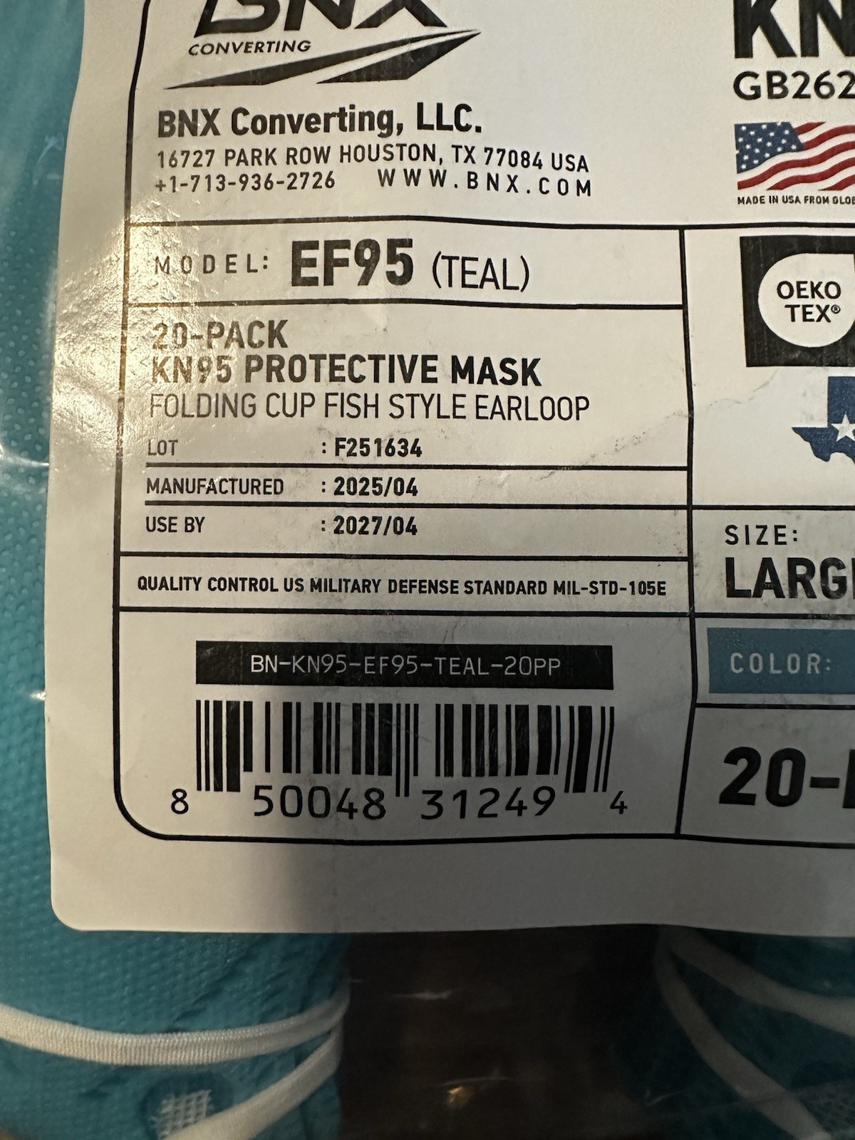 BNX Converting EF95 KN95 Masks Use By 04-2027