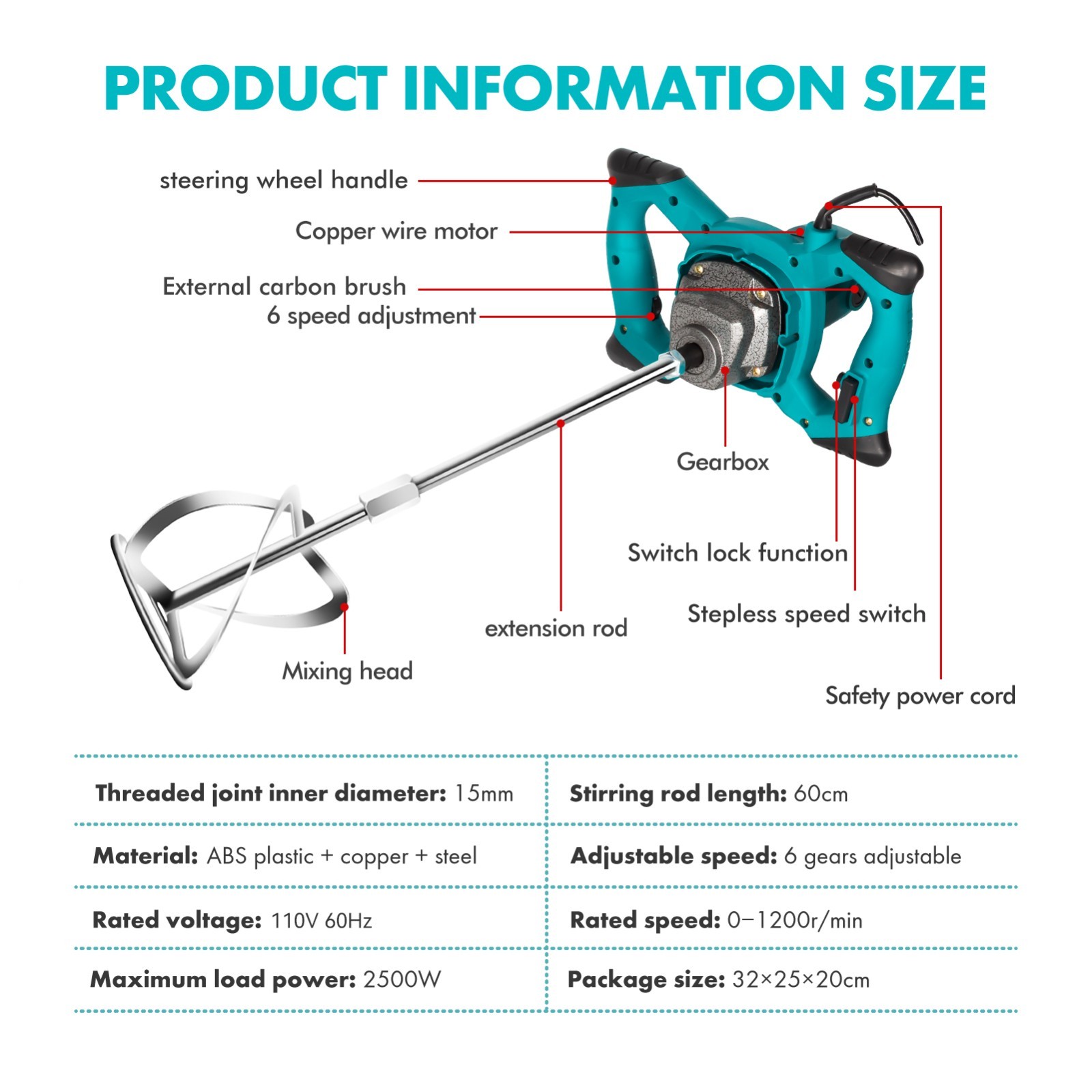 2500W Electric Cement Mixer Handheld 6 Speed Paint Concrete Mixing Machine US