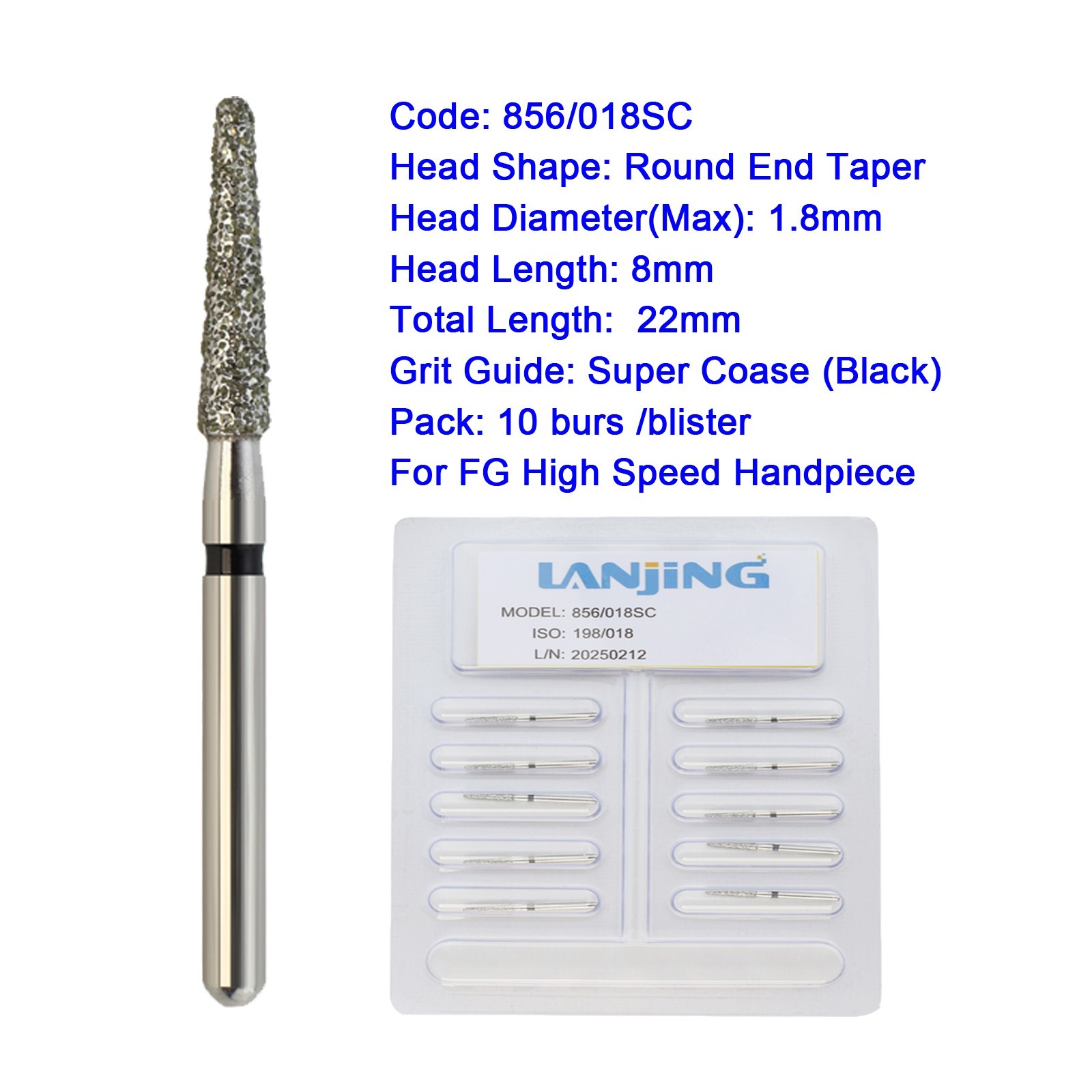 Dental Diamond Burs Round End Taper Super Coarse Bur FG High Speed Bur 856/018SC