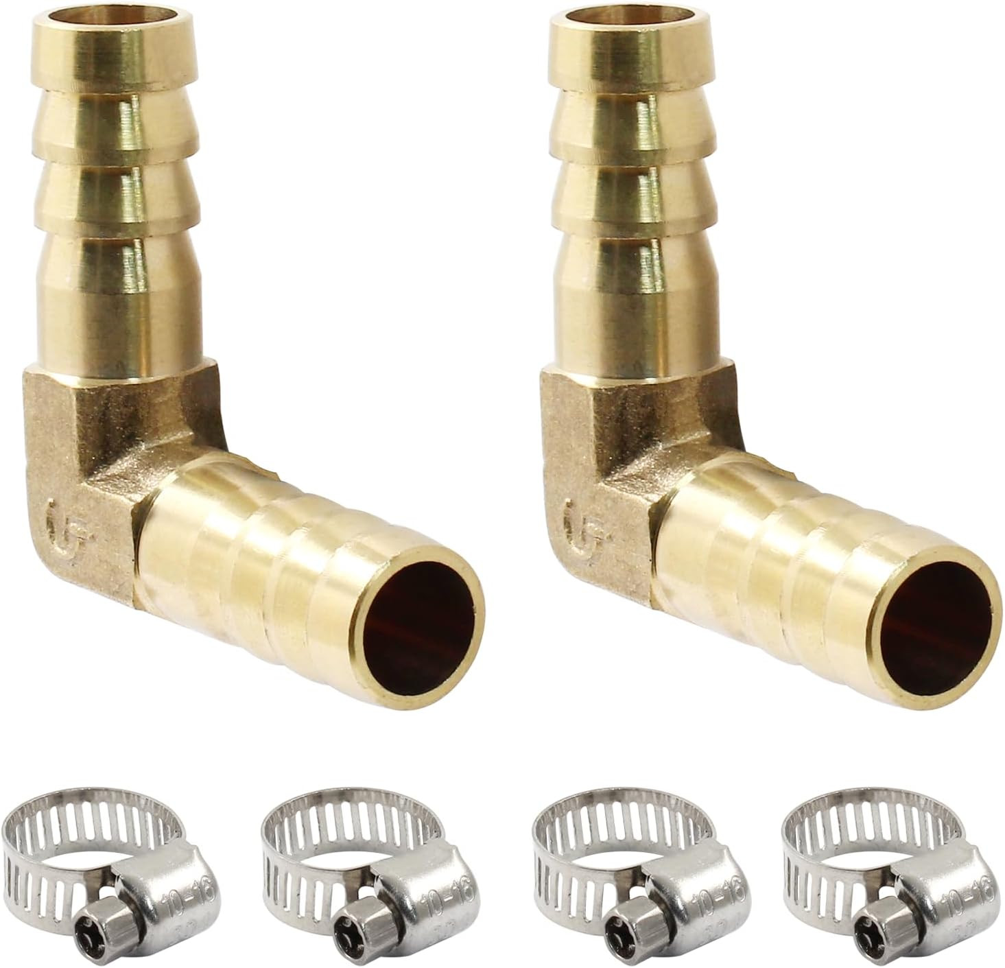 2PCS 3/8 Inch Brass Hose Barb 90 Degree Elbow Connector Fitting with Clamps