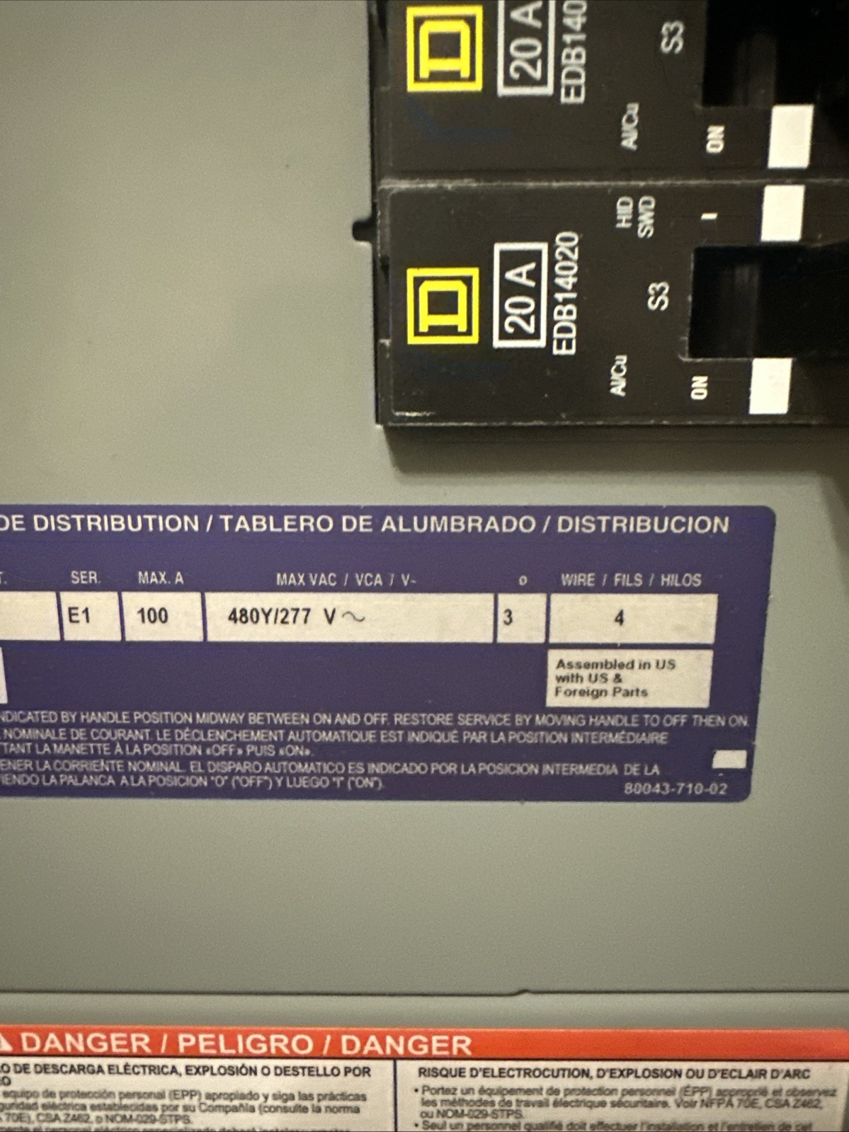 Square D NF Panelboard E1 Ser. 100 Amp. 480/277V 3Ph