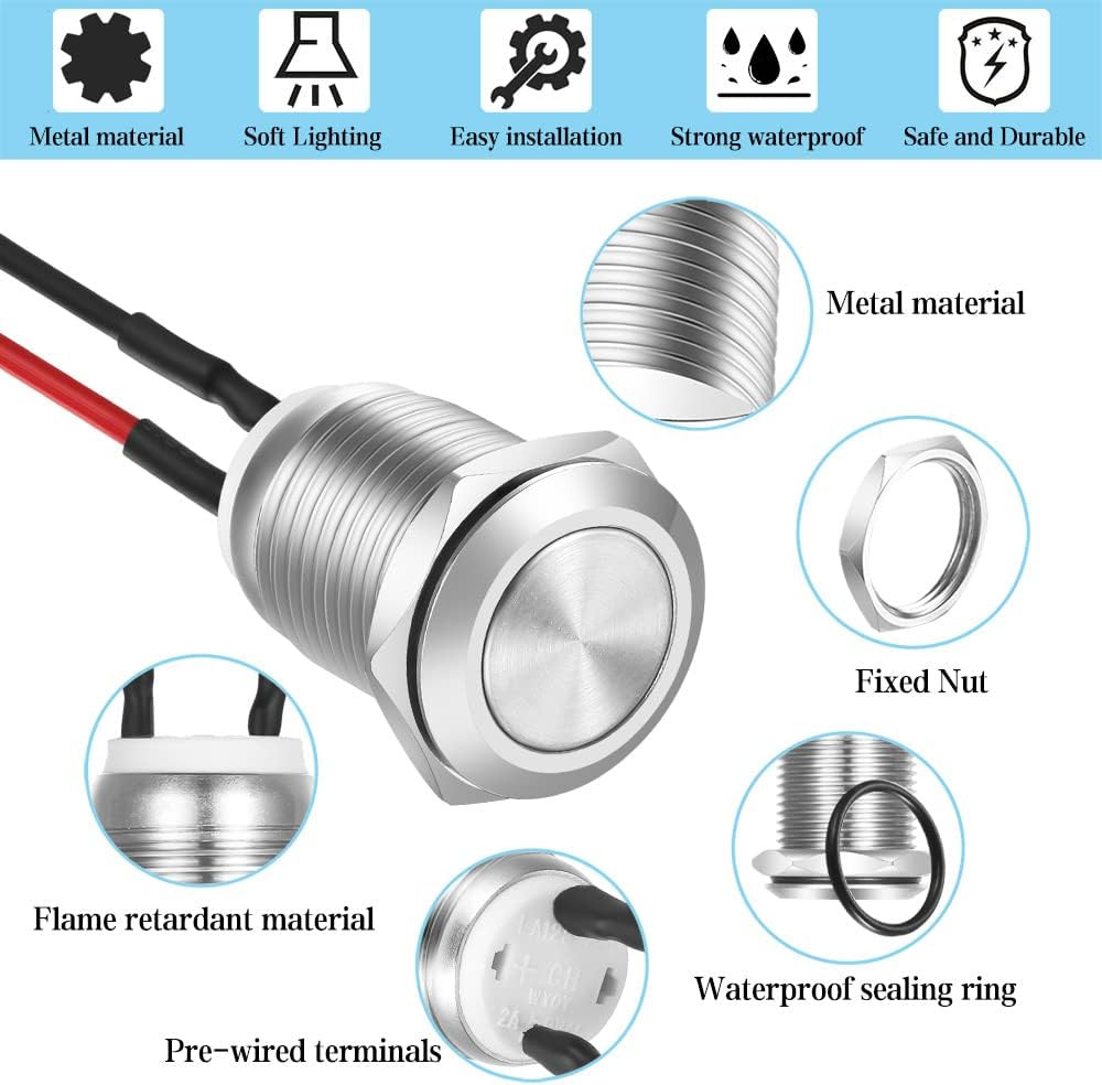 5Pcs 12Mm 2A 12V/24V/125V/250V AC Prewired Waterproof Push Button
