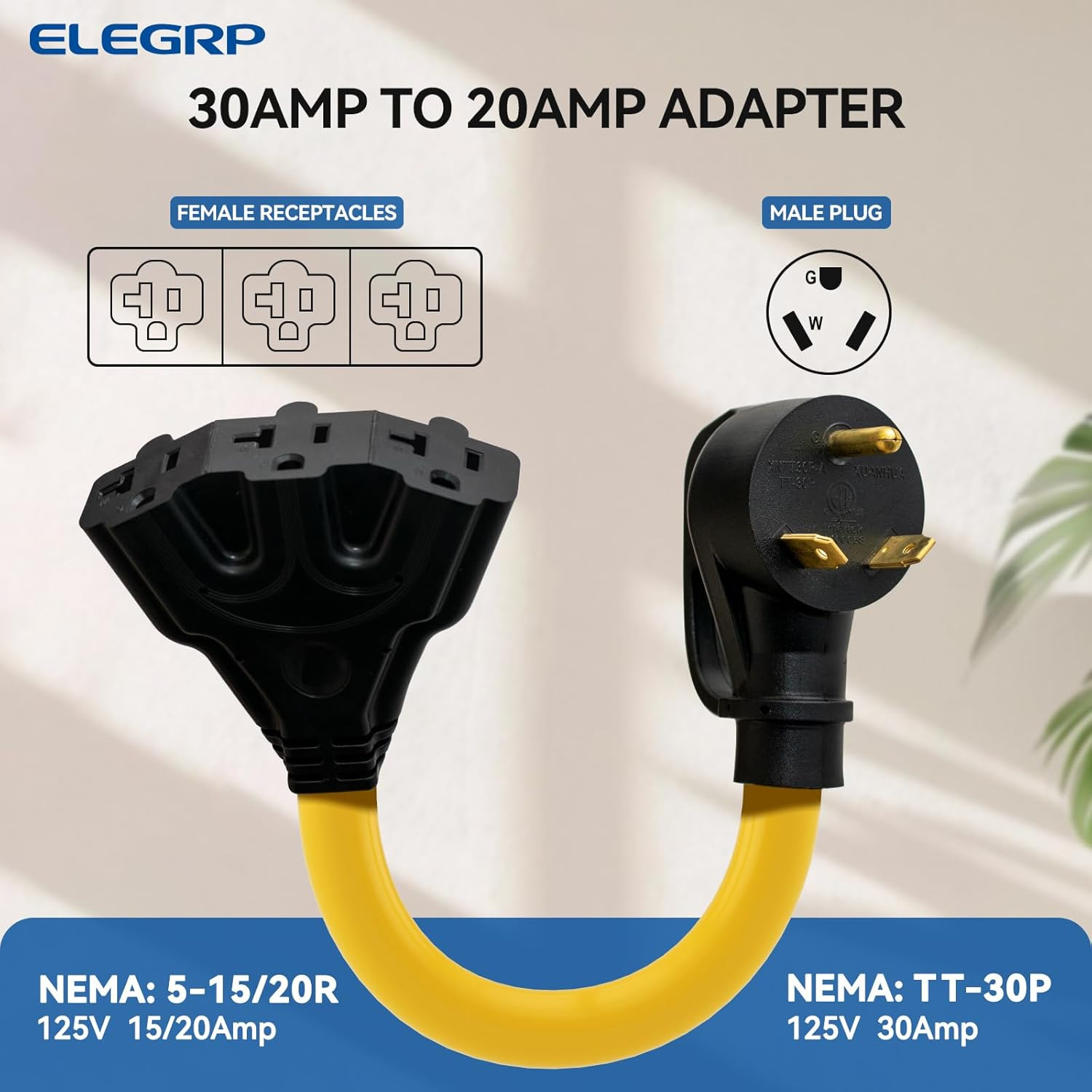 30 Amp to 110 RV Adapter Plug, 3 Way Outlet Splitter, NEMA TT-30P to 3X5-15R/5-2