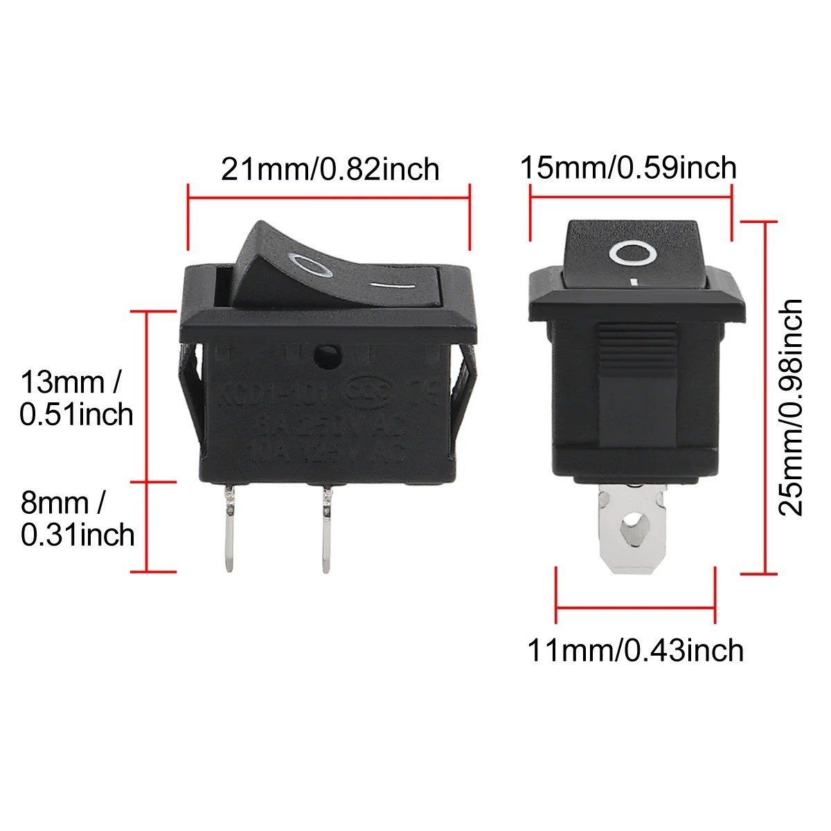10Pcs Snap-In Rocker Switch ON/OFF 2 Pin SPST 125V 250V Car Boat
