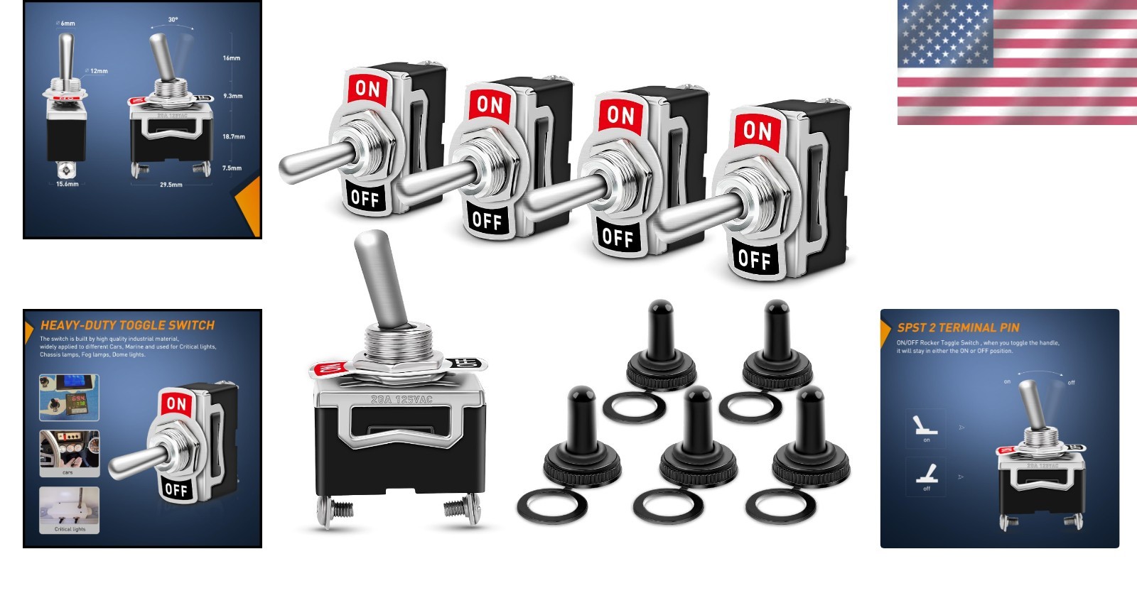 2Pin Metal Toggle Switch 15A 250V On/Off with Waterproof Caps – 5 Pack