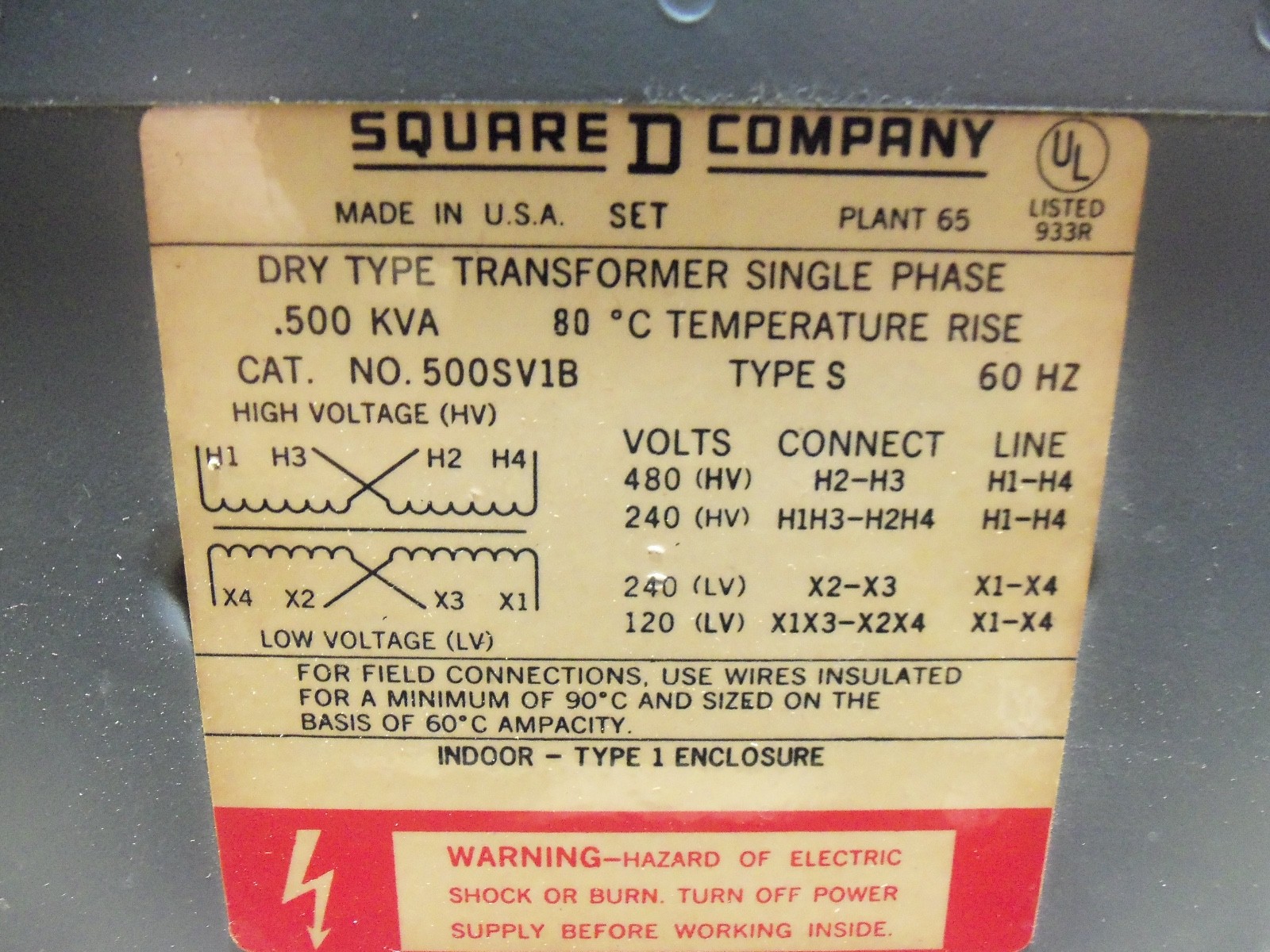 New Square D 500SV1B Dry Type Transformer Single Phase 0.500Kva Type S 60Hz 480
