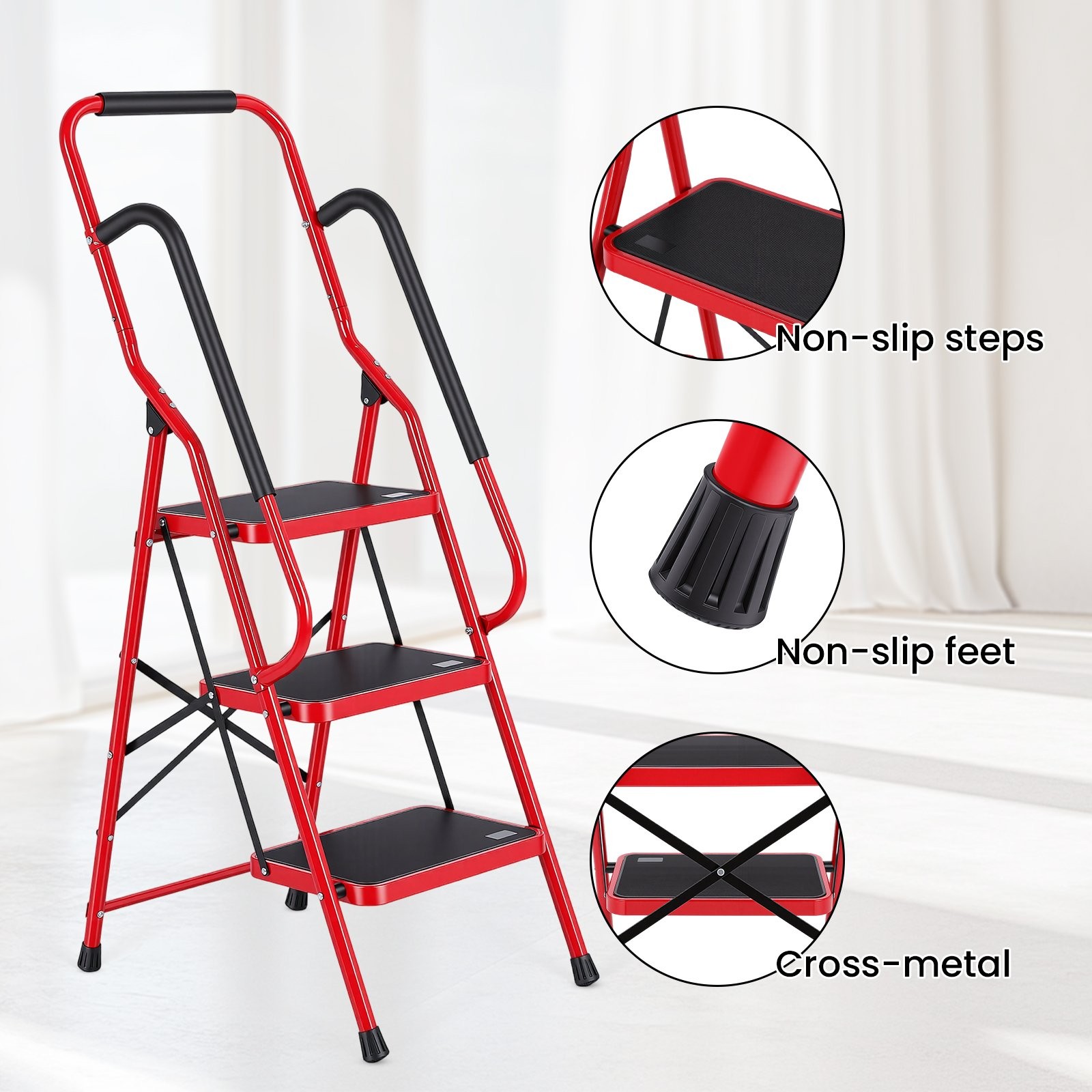 3 Step Ladder with Hankdrails, Folding Step Stool with Safety Lock, Red