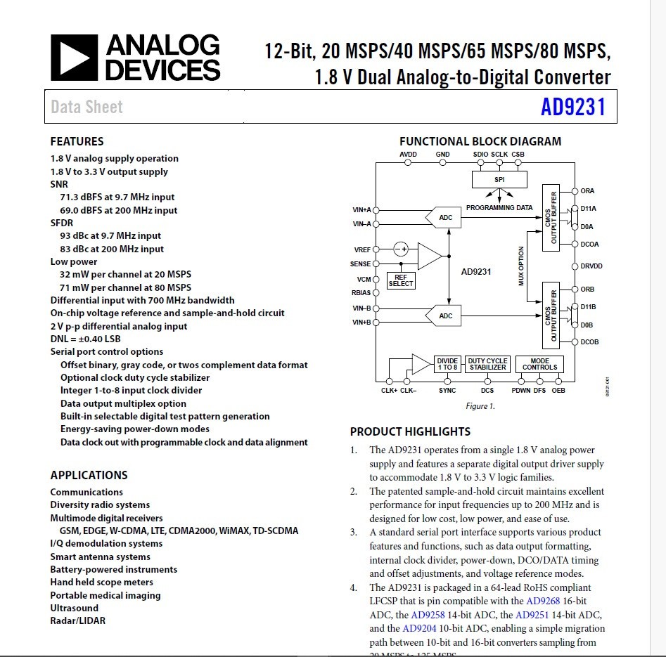 ANALOG DEVICES AD9231-40EBZ 12-Bit Dual Analog Digital Converter kit
